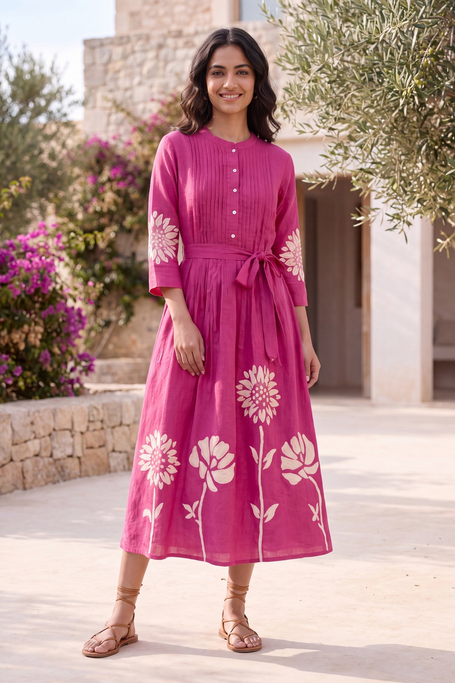 FREYAA Pink Floral Printed Cotton Midi Dress With Waist Tie-Up
