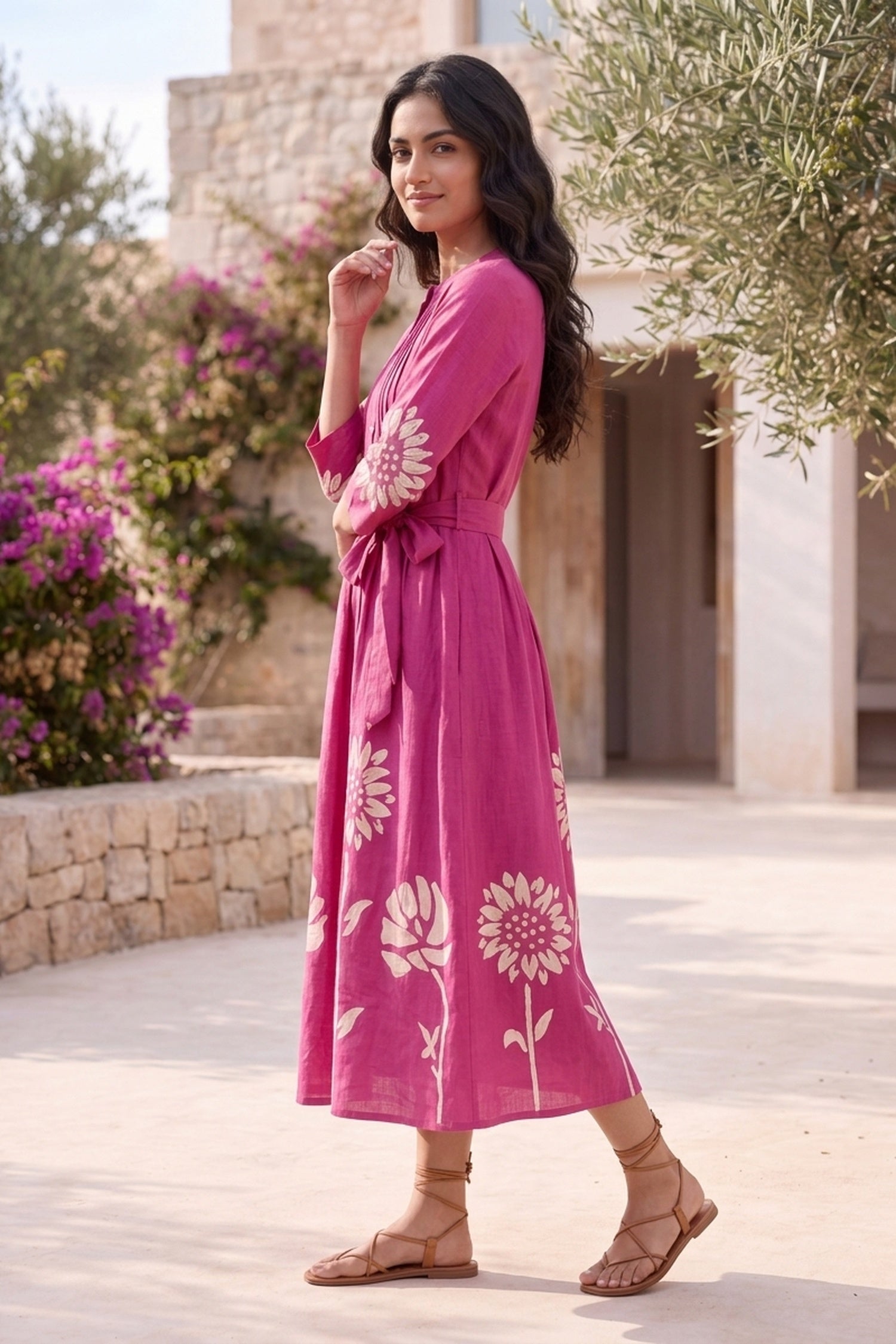 FREYAA Pink Floral Printed Cotton Midi Dress With Waist Tie-Up