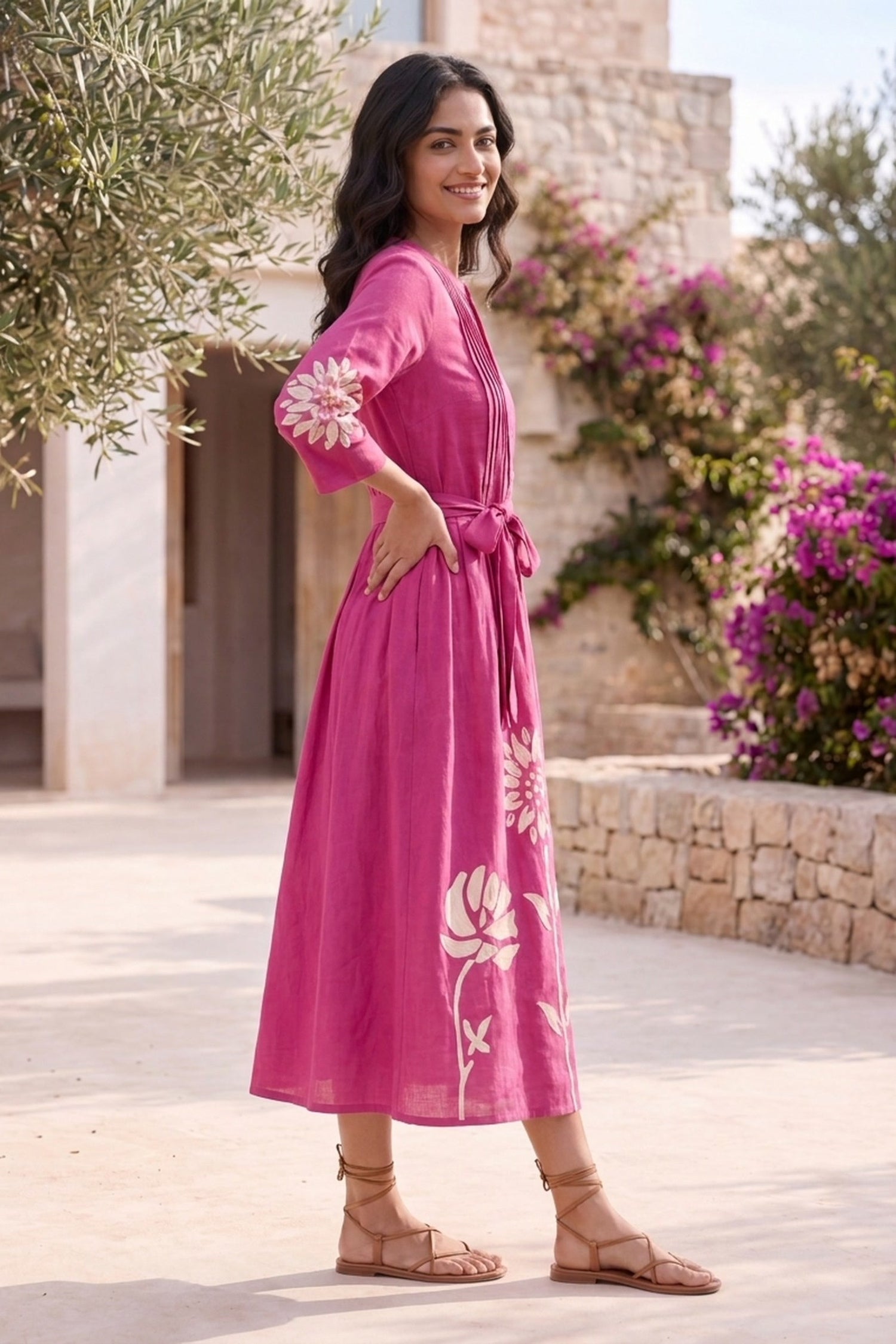 FREYAA Pink Floral Printed Cotton Midi Dress With Waist Tie-Up