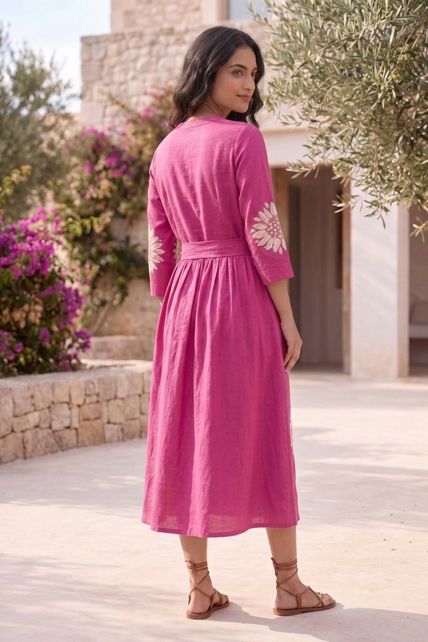 FREYAA Pink Floral Printed Cotton Midi Dress With Waist Tie-Up