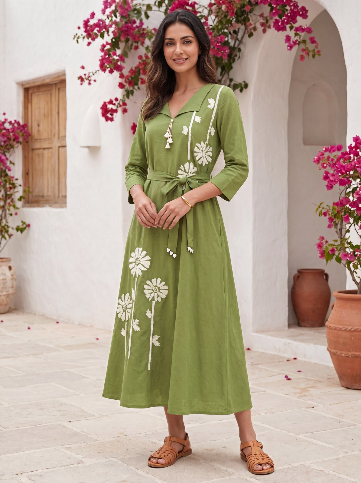 Green Floral Printed Midi Dress with Waist Tie-Up
