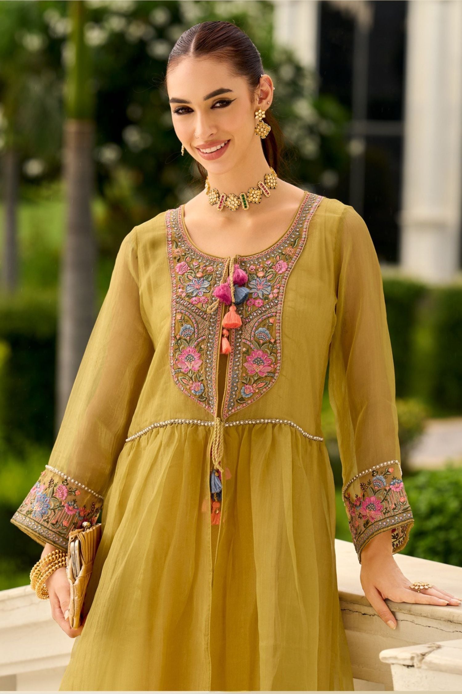 Signature Pure Organza Collection – Embroidered Perfection with Handcrafted Charm (Mustard)