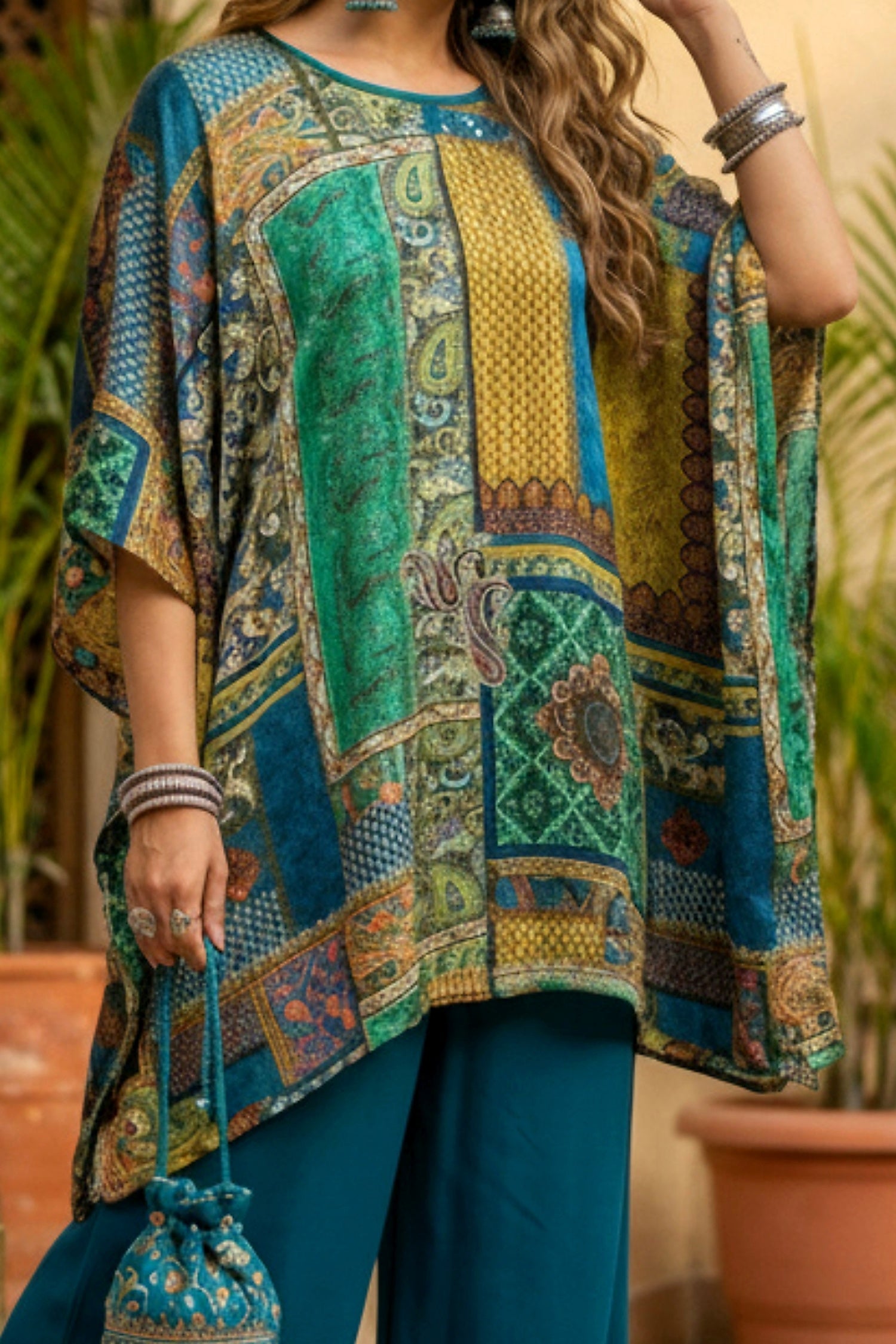 Peacock Blue Printed Kaftan