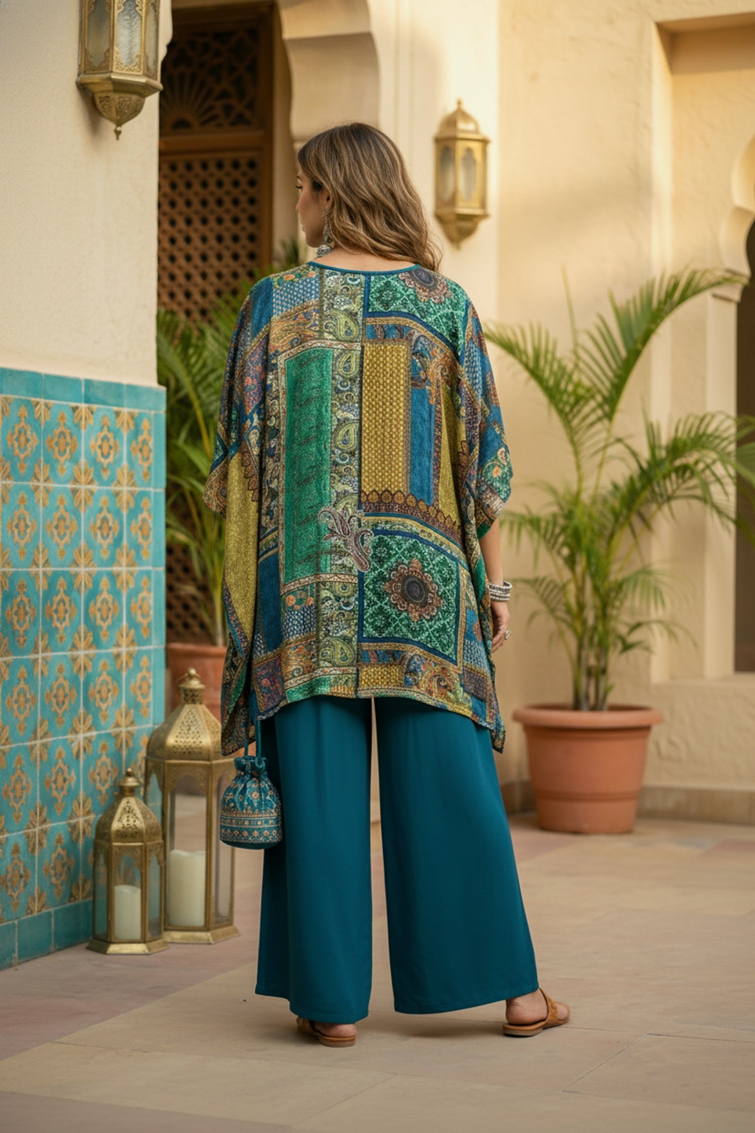 Peacock Blue Printed Kaftan