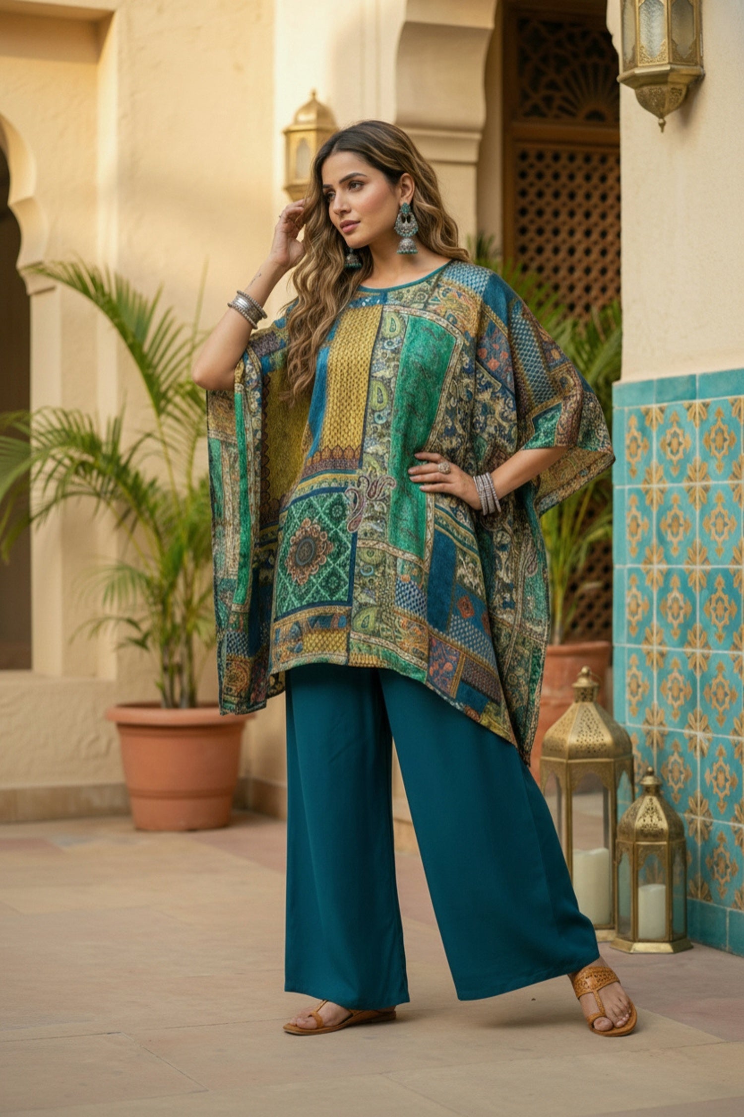 Peacock Blue Printed Kaftan