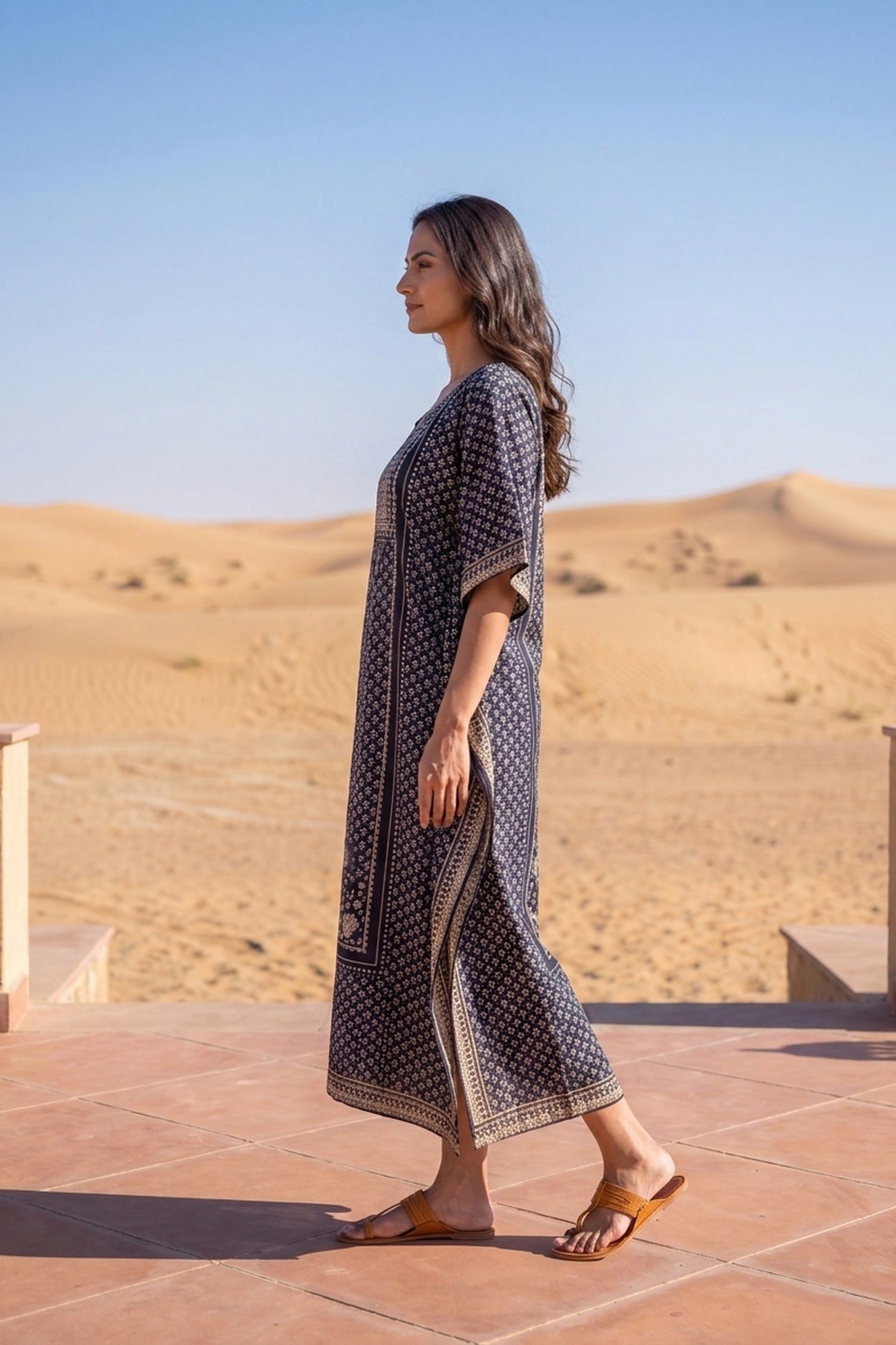 Dark Persian Blue Printed Long Kaftan