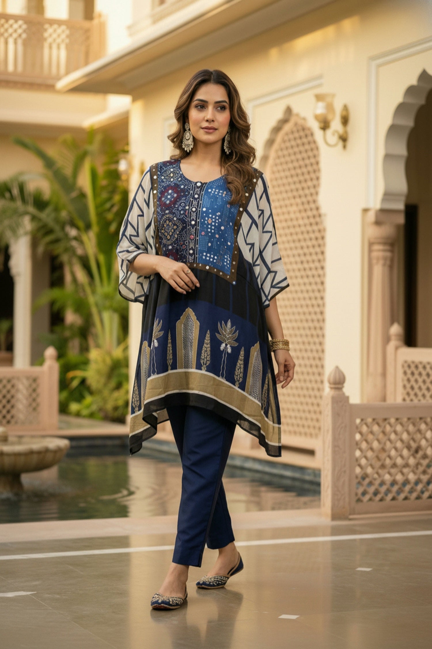 Navy Blue Printed Kaftan with Embroidered Neck