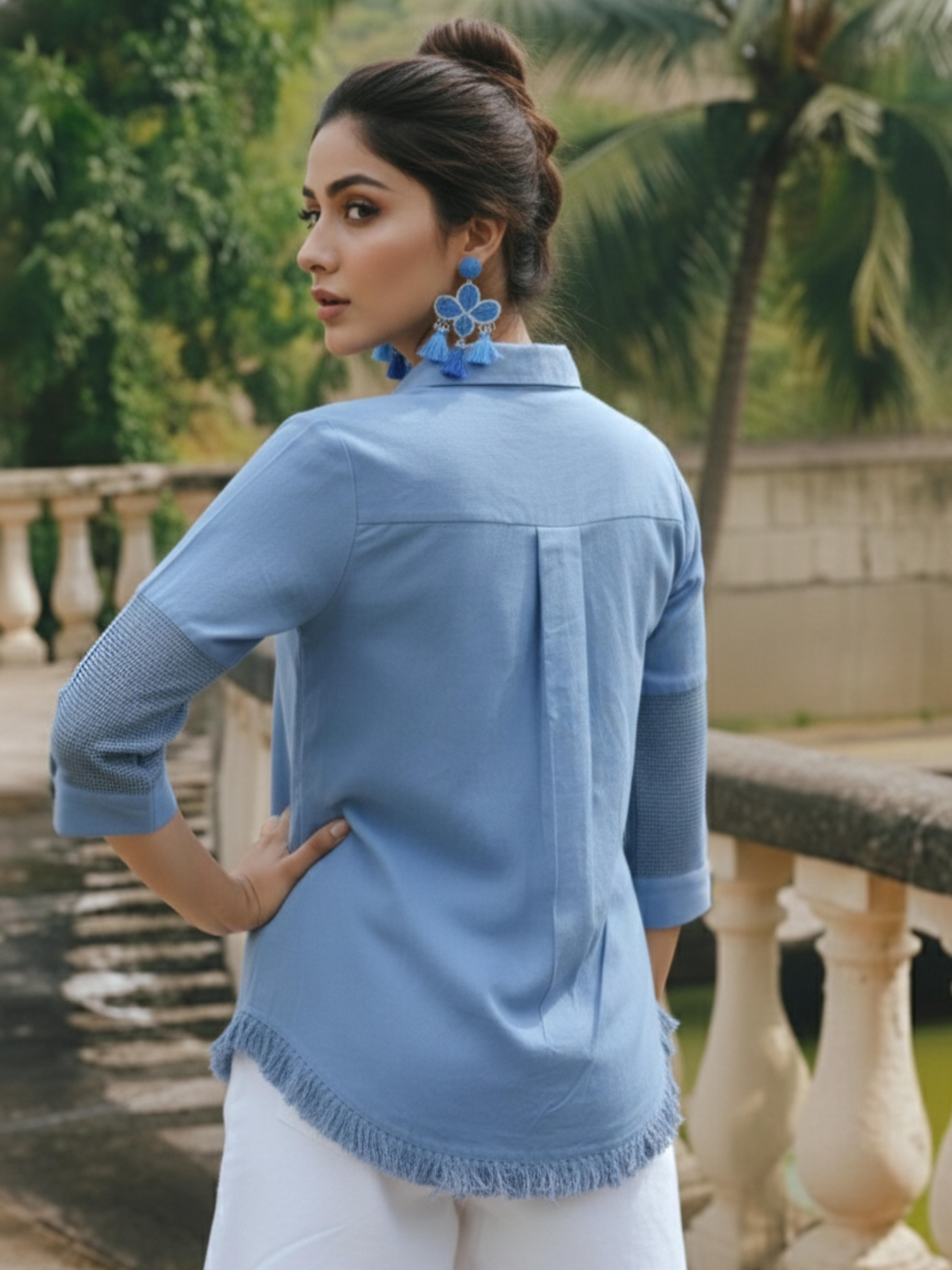 Blue Embroidered Love Shirt with Fringe Hem