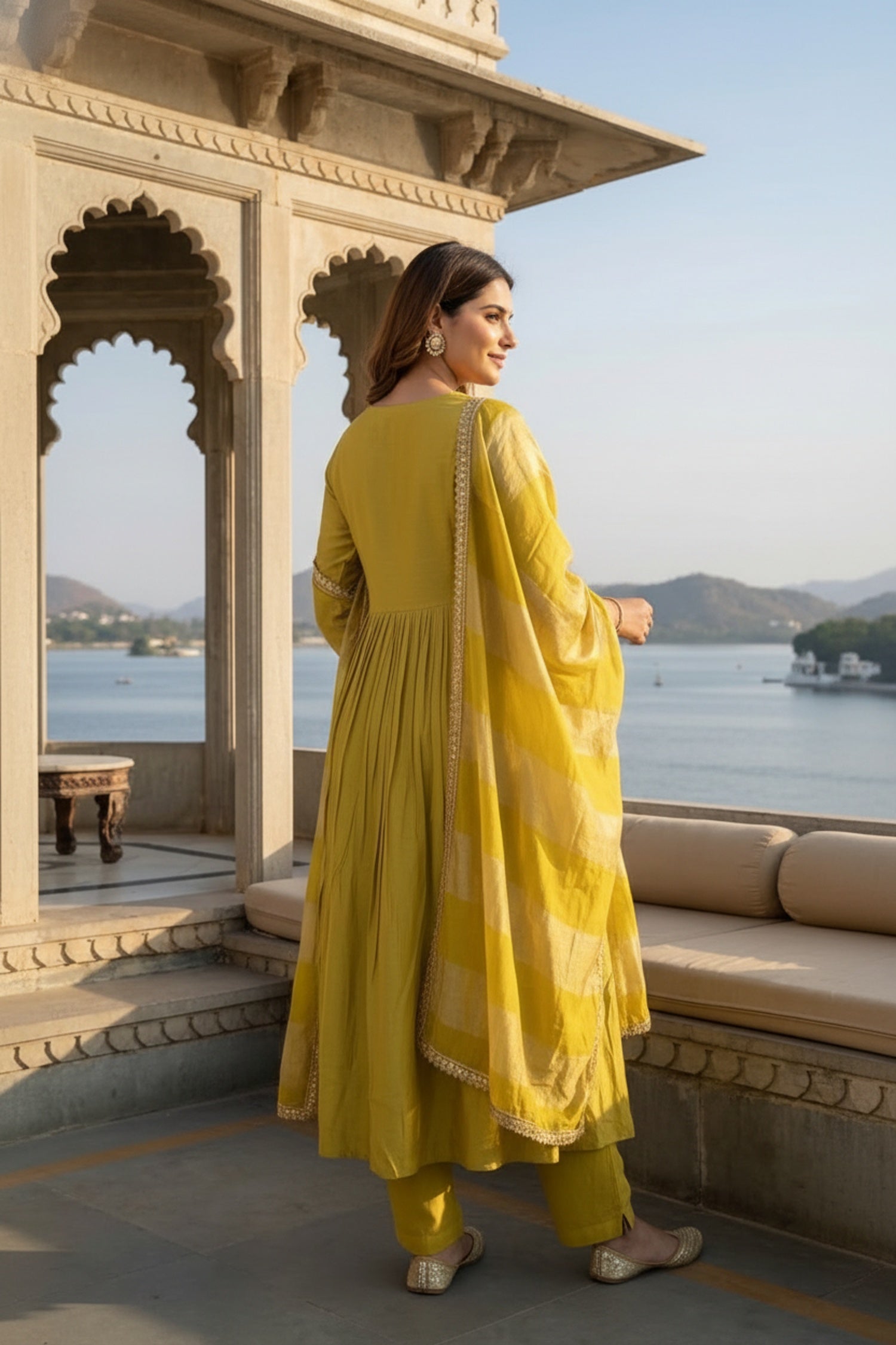 Yellow Cotton Anarkali Three-Piece Set with Embroidery