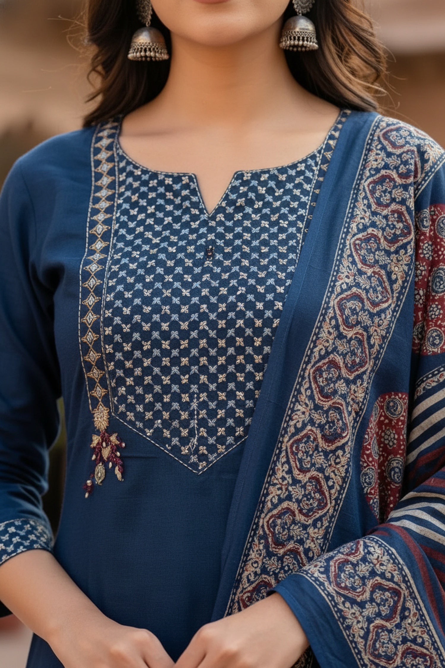 Blue Cotton Three-Piece Set with Printed Yoke Design