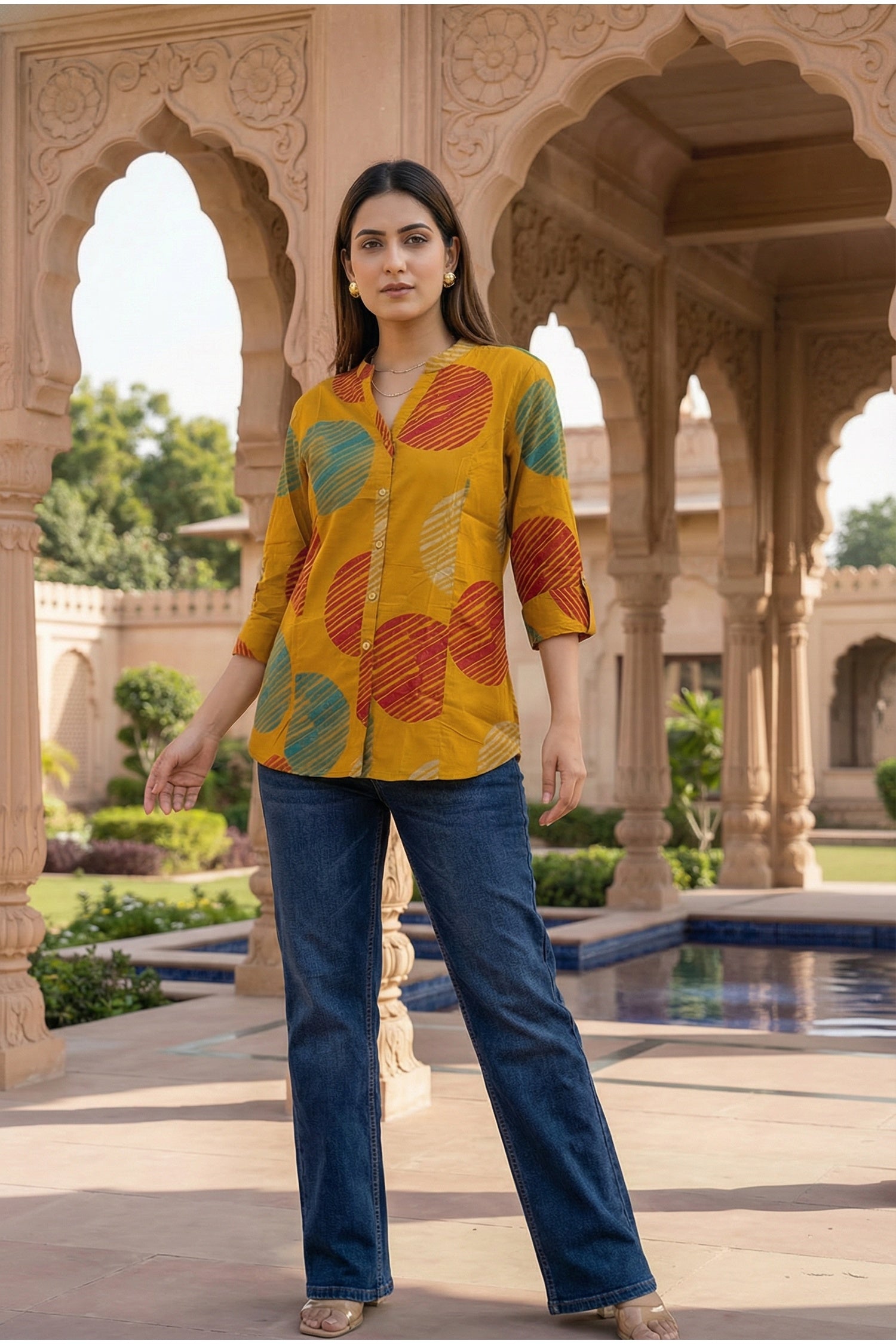Yellow Cotton Top with Geometric Print