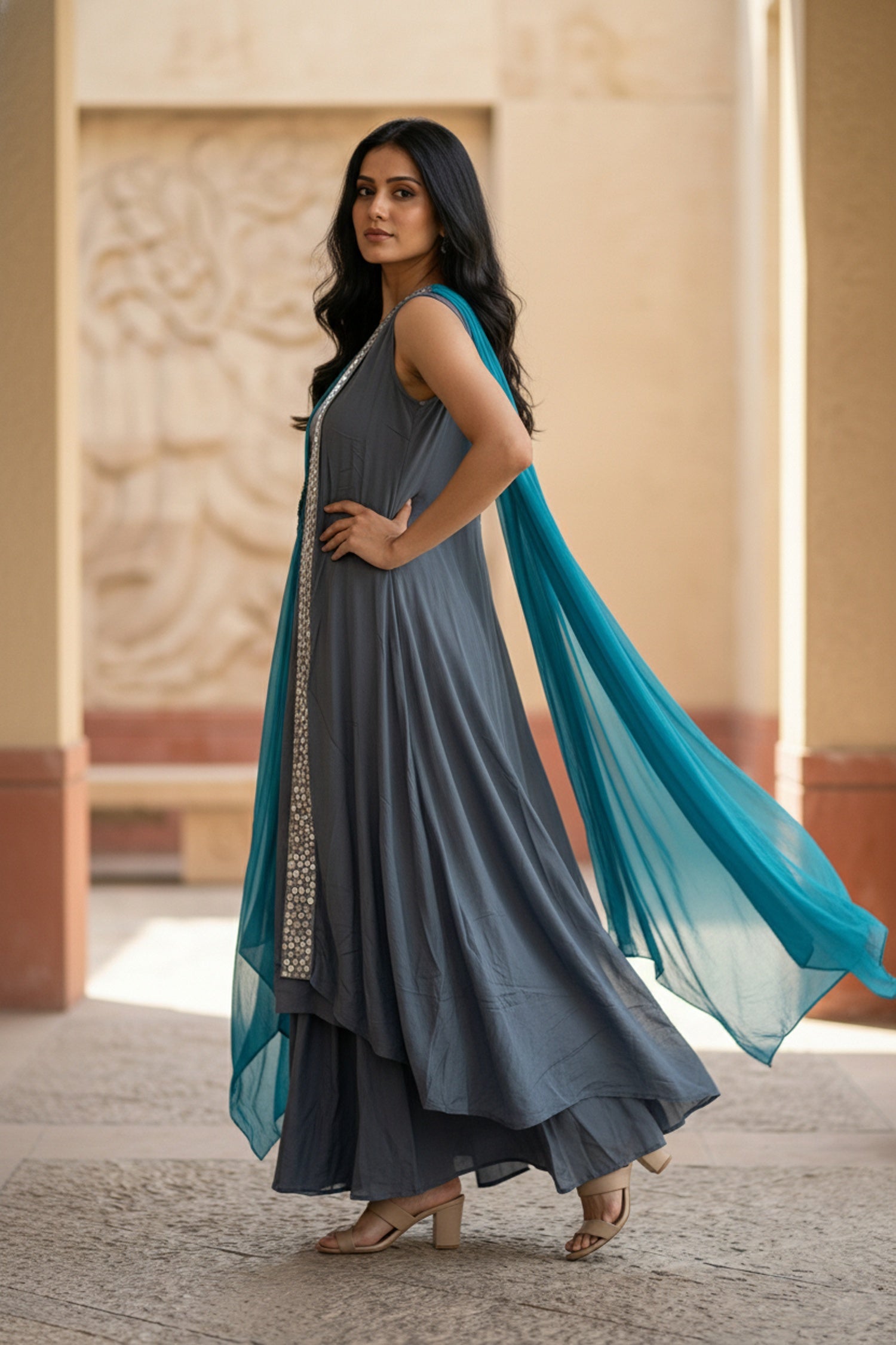 Blue Dress for Women with Embroidery & Layered Design