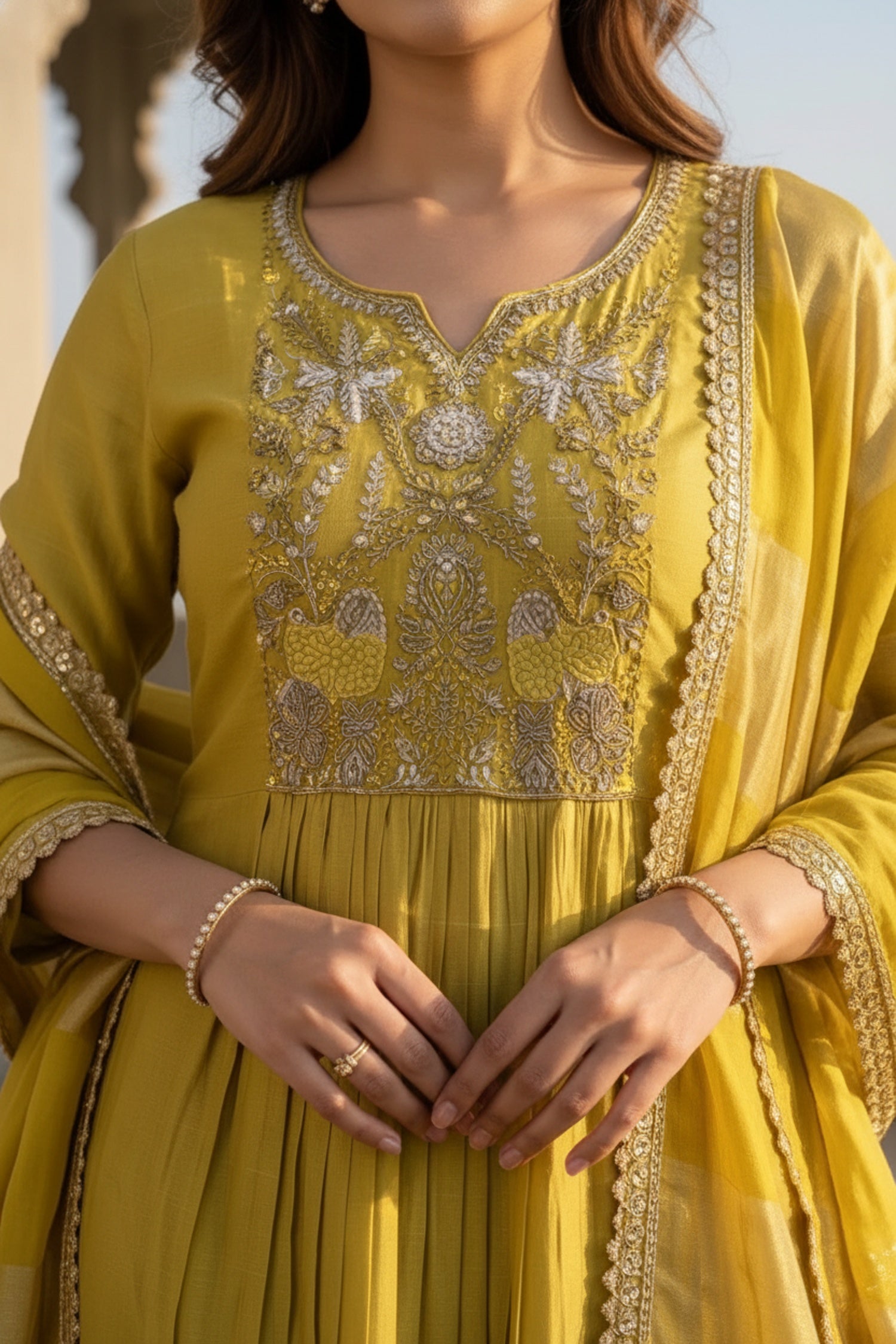 Yellow Cotton Anarkali Three-Piece Set with Embroidery