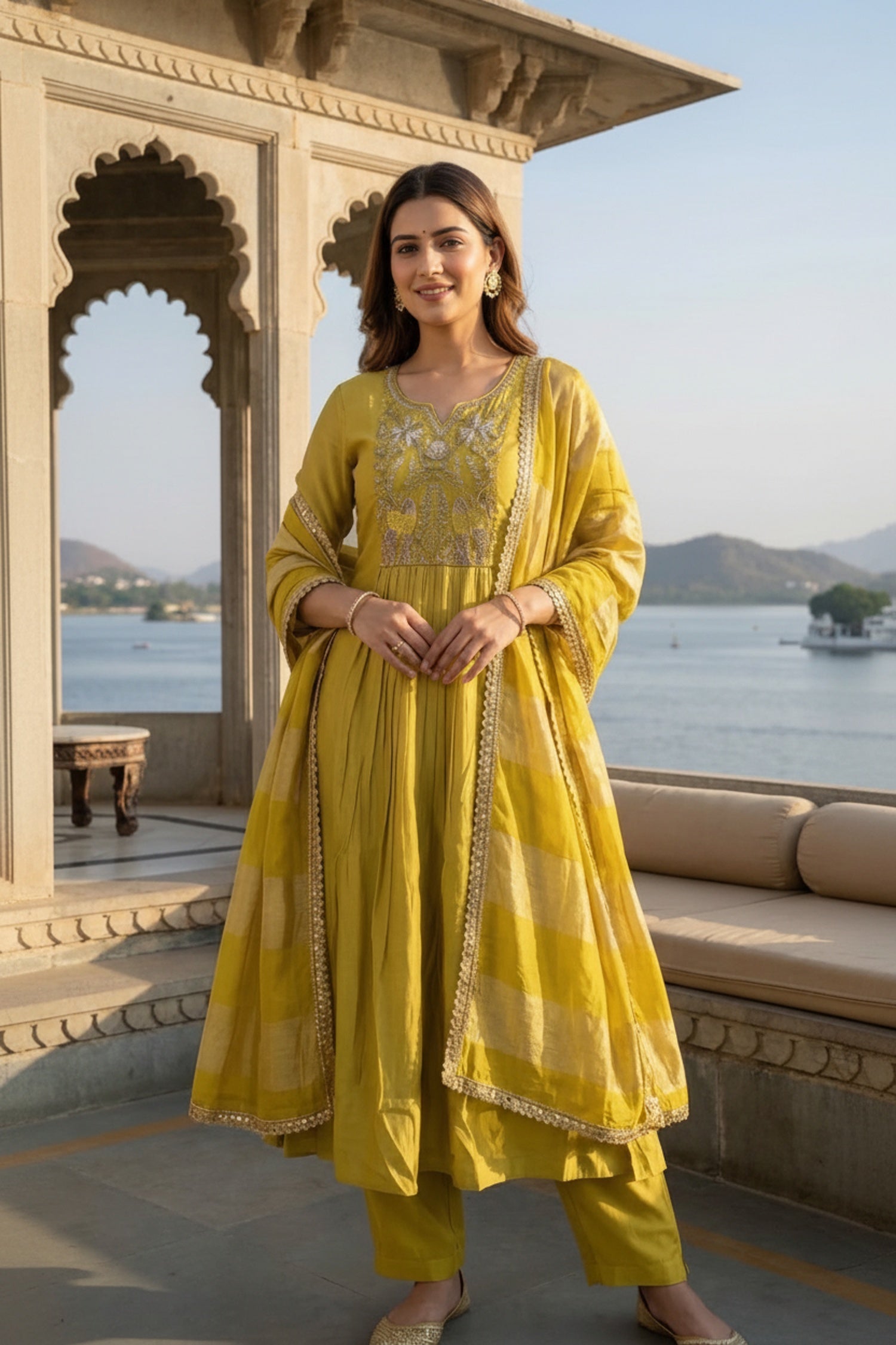 Yellow Cotton Anarkali Three-Piece Set with Embroidery