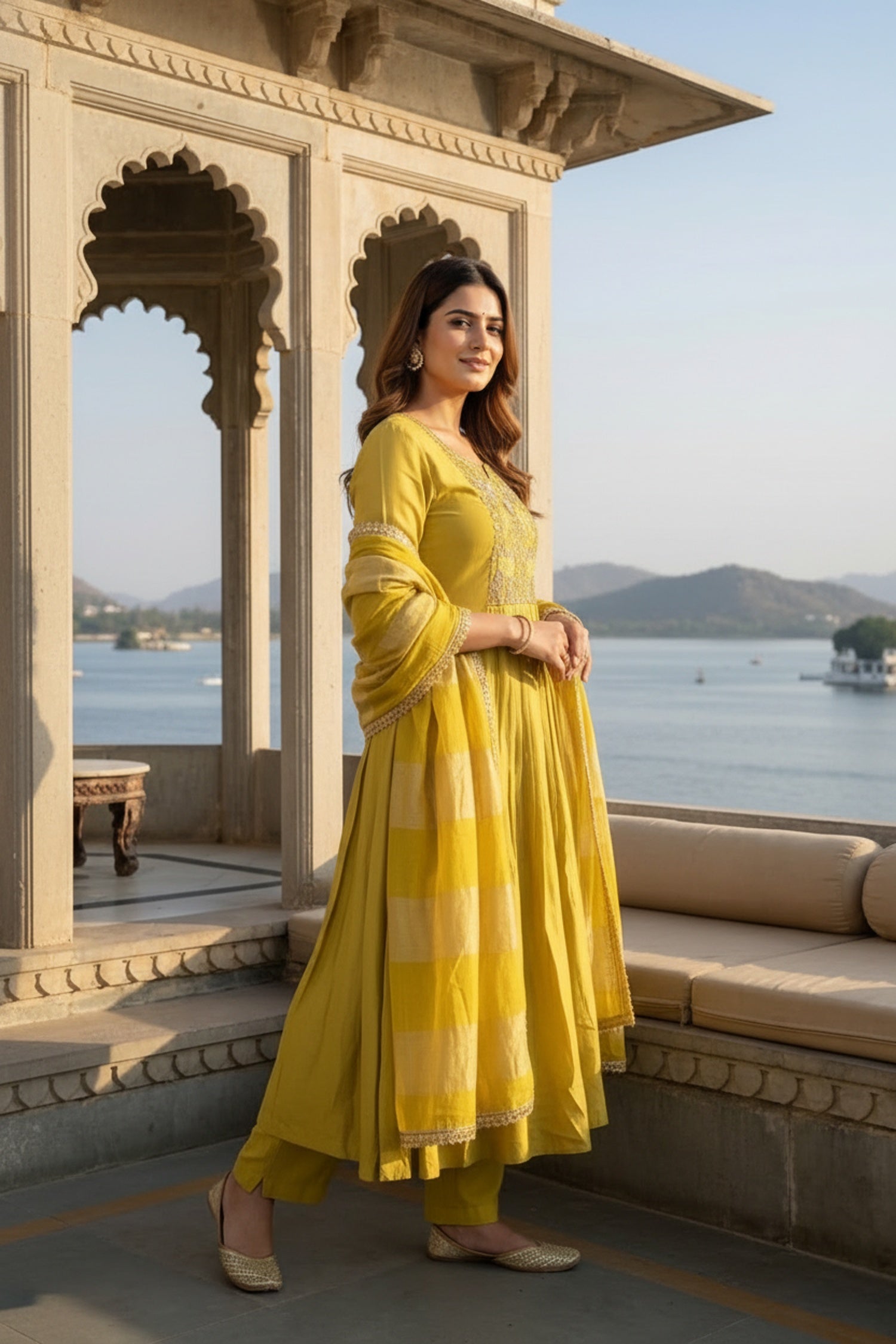 Yellow Cotton Anarkali Three-Piece Set with Embroidery