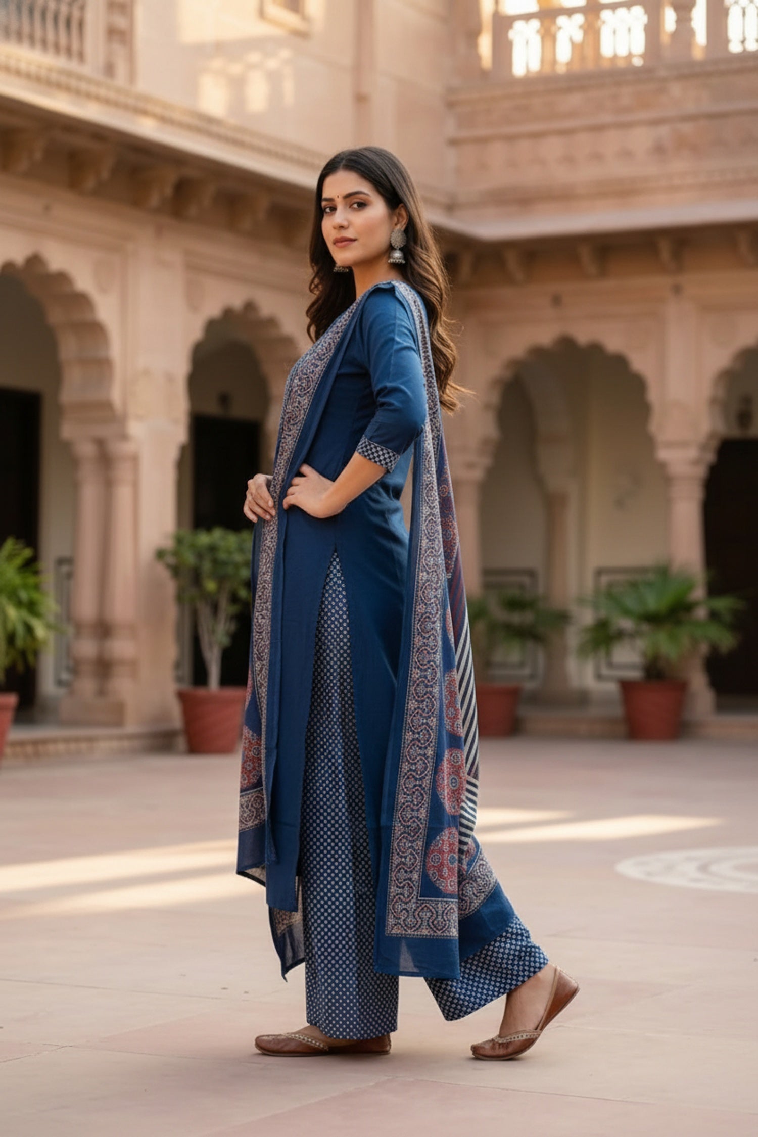 Blue Cotton Three-Piece Set with Printed Yoke Design