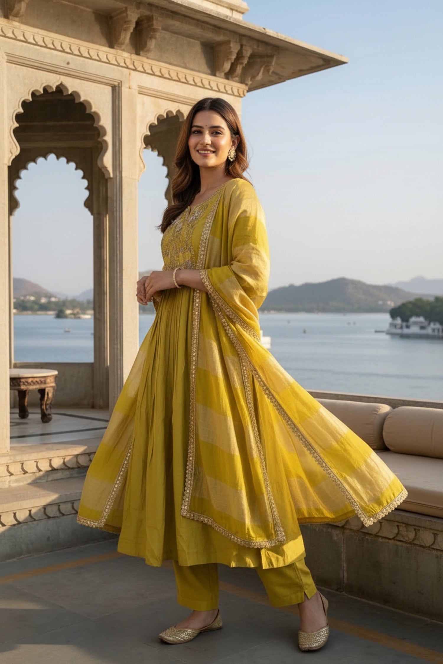 Yellow Cotton Anarkali Three-Piece Set with Embroidery