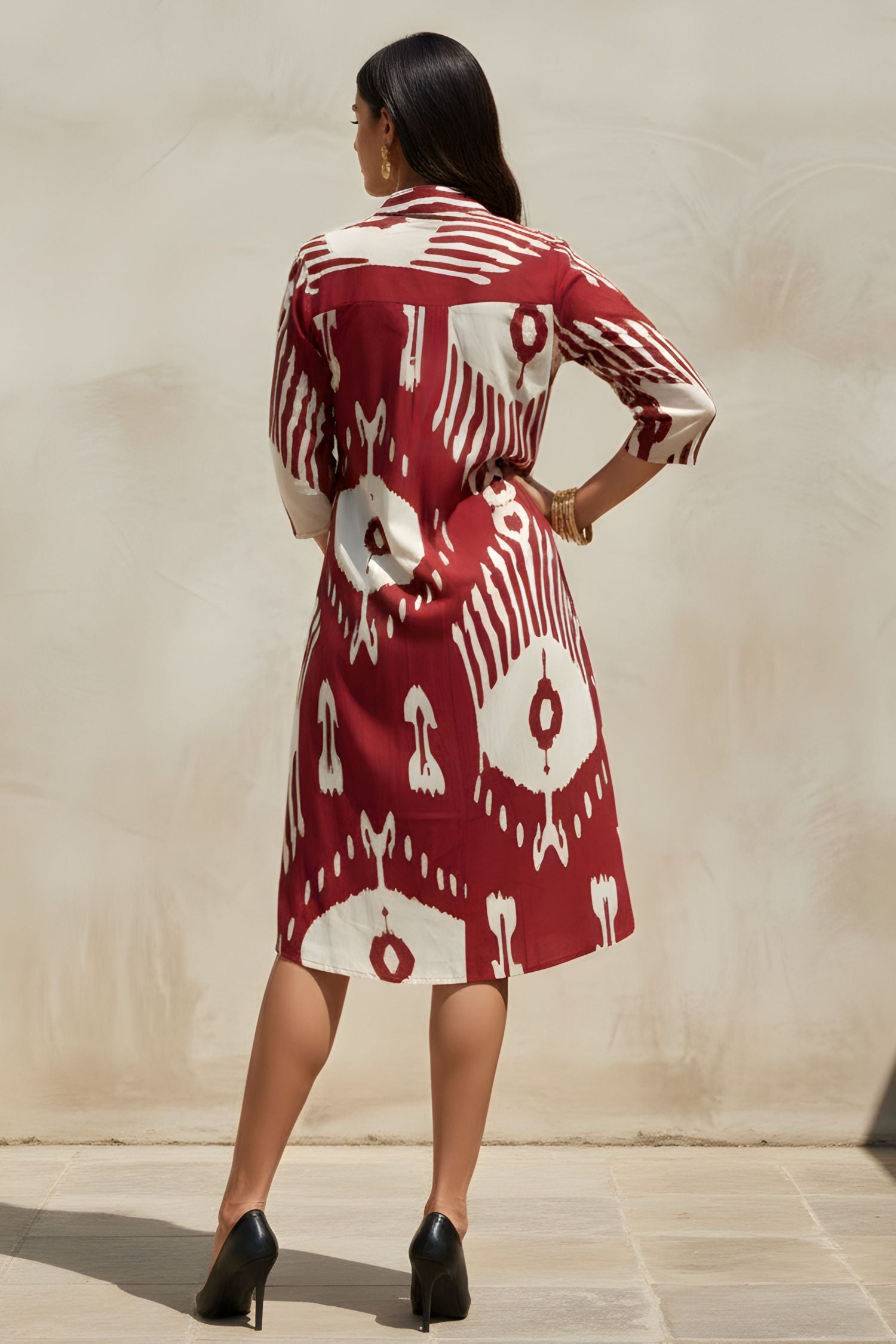 Abstract Printed Maroon Red Shirt Midi Dress
