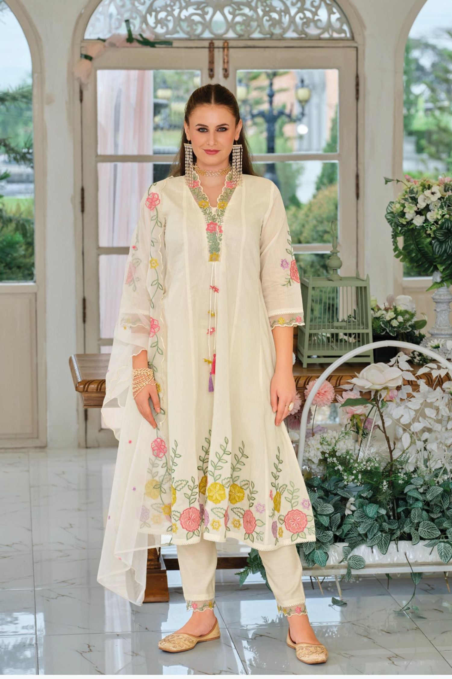 Elegant Off White Mul Chanderi Three Piece Suit Set
