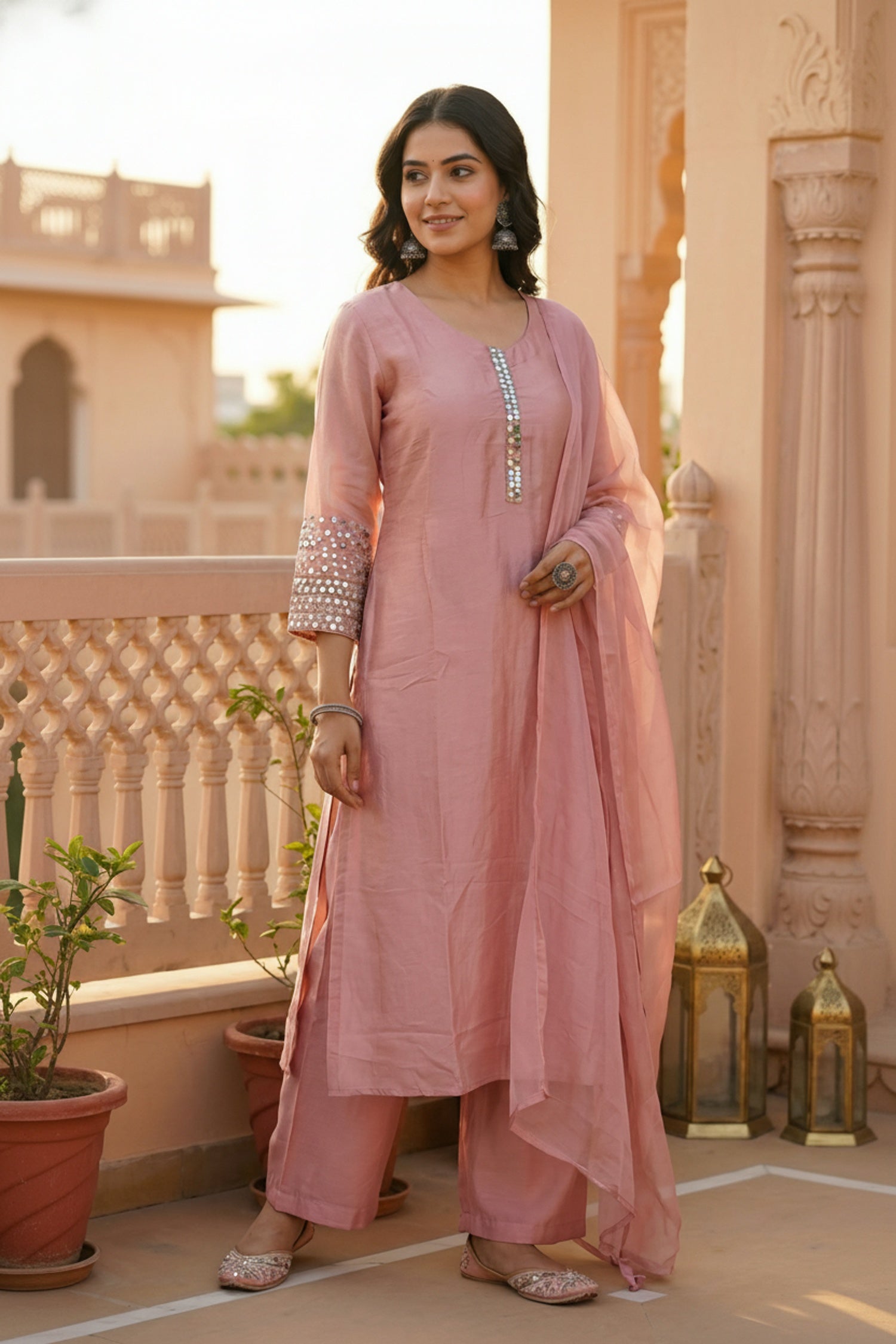 Pink Straight Cut Three-Piece Set with Embroidered Sleeves