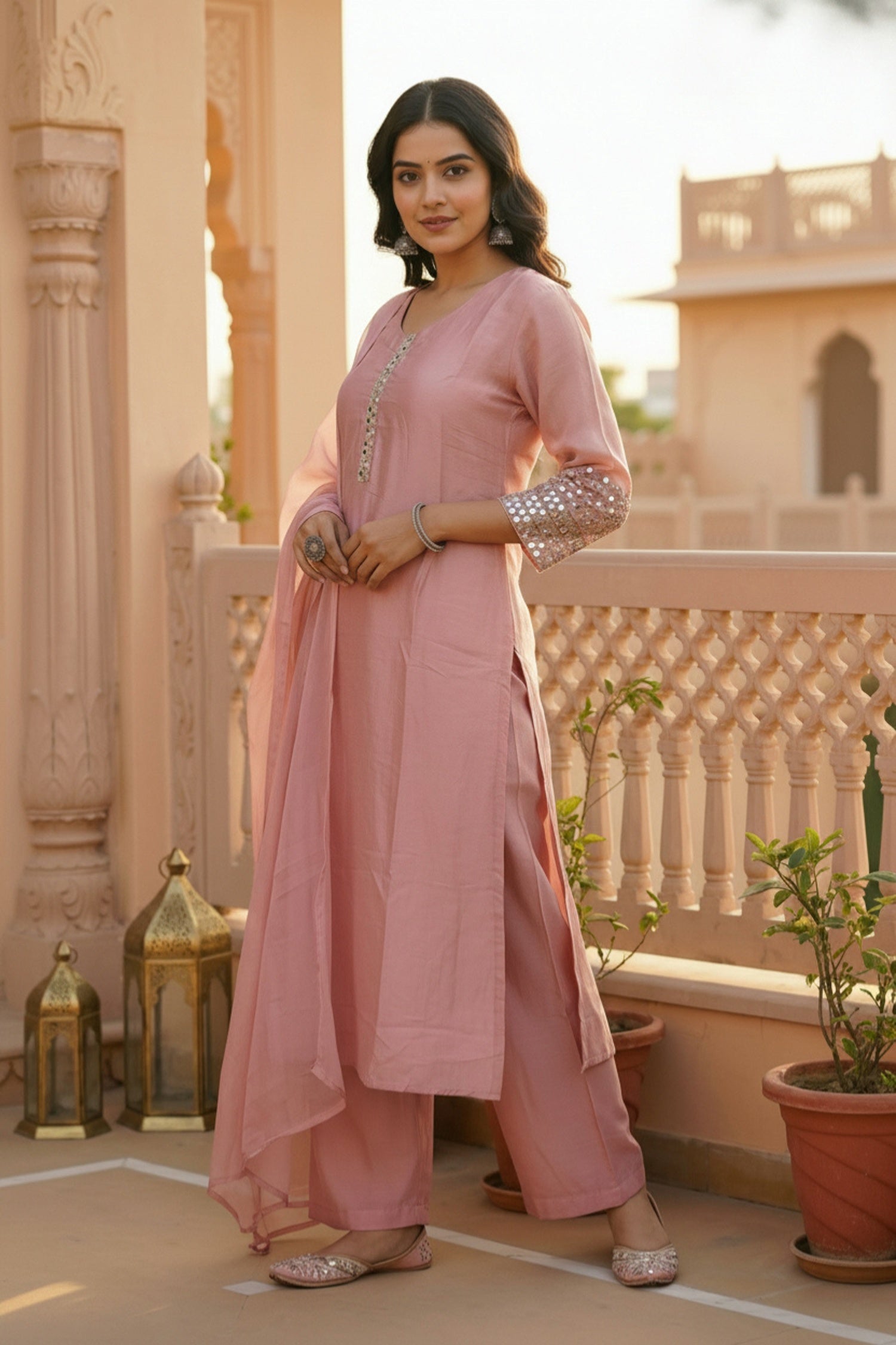 Pink Straight Cut Three-Piece Set with Embroidered Sleeves