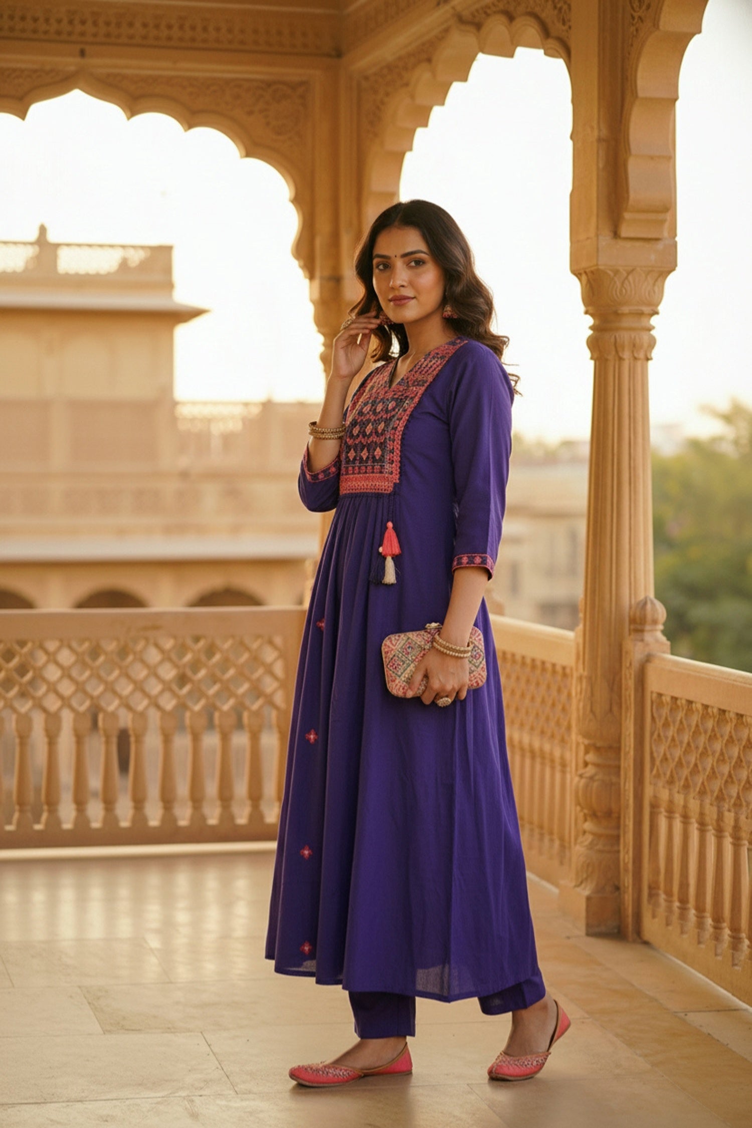 Purple Straight-Cut Three-Piece Set with Embroidery Work