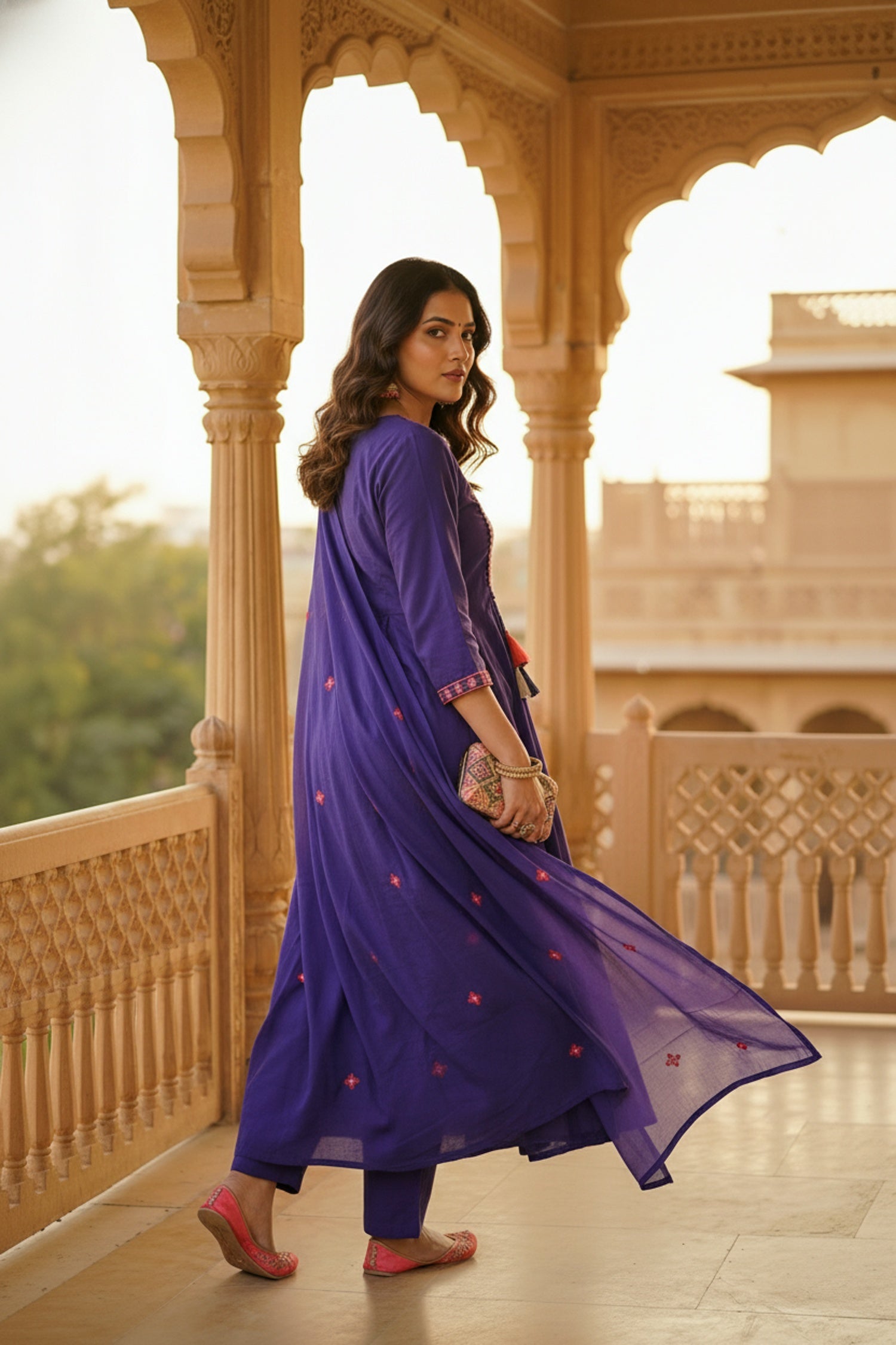 Purple Straight-Cut Three-Piece Set with Embroidery Work