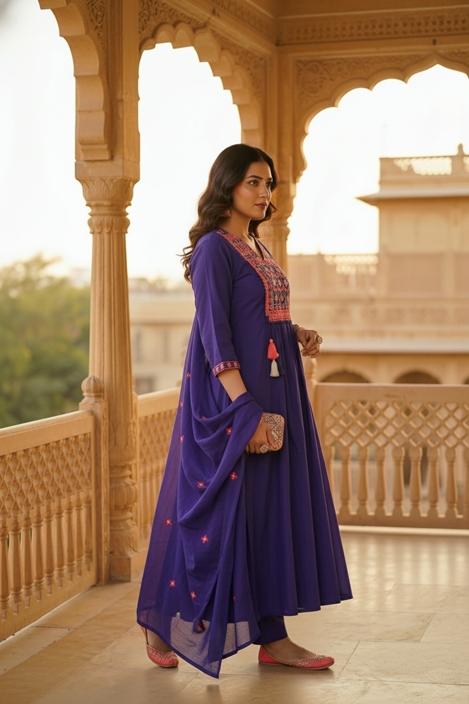 Purple Straight-Cut Three-Piece Set with Embroidery Work
