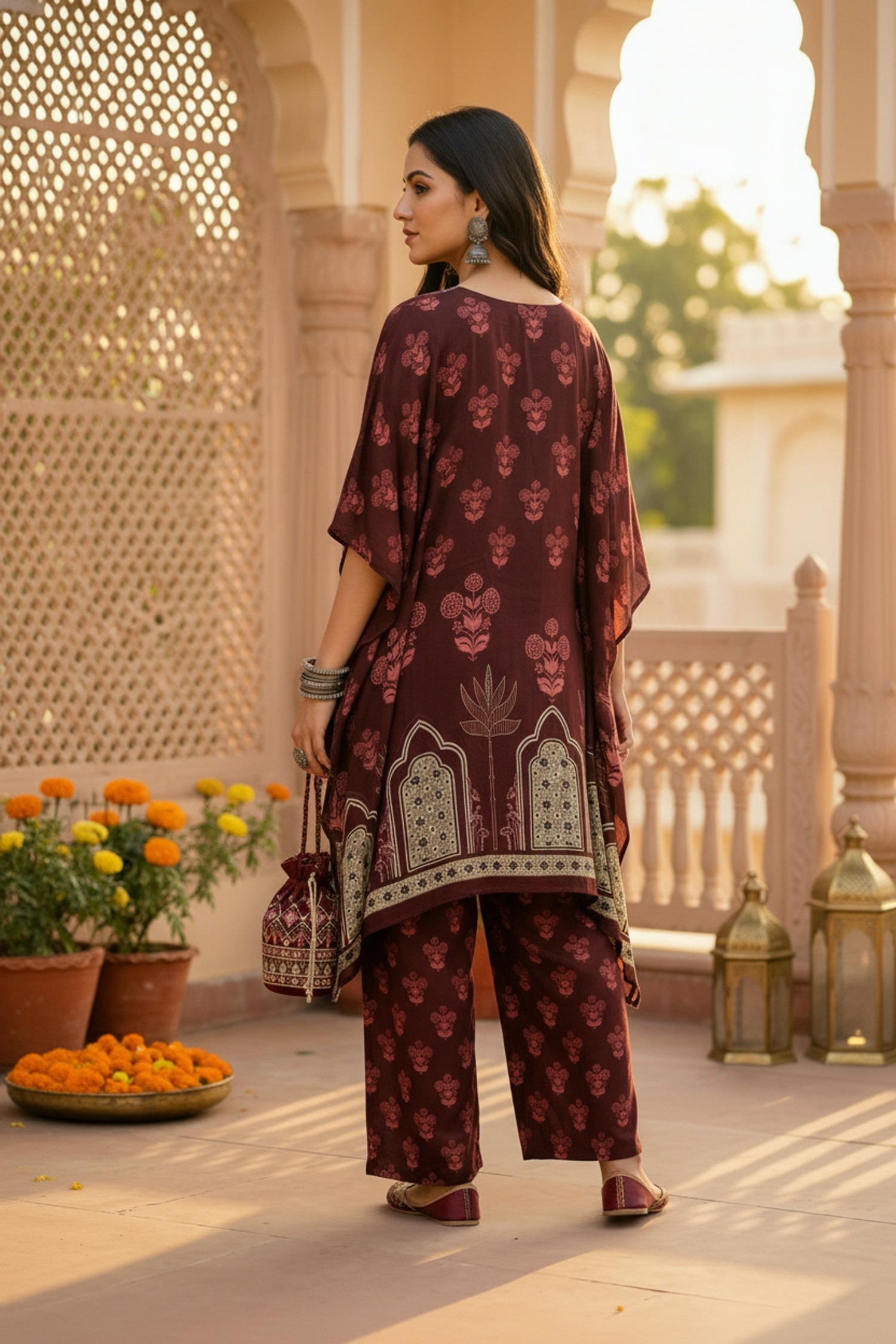 Maroon Short Kaftan with Bold Prints