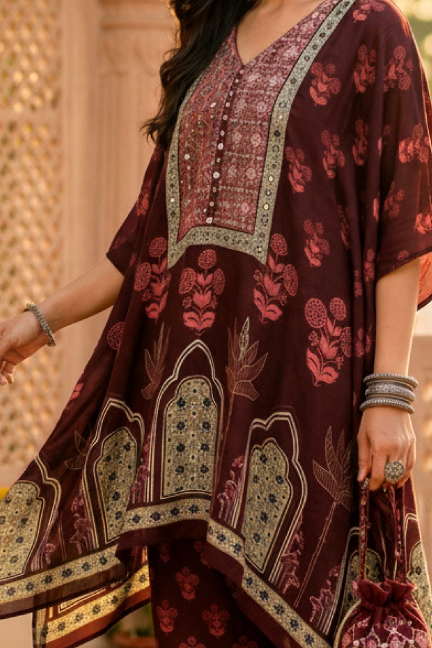 Maroon Short Kaftan with Bold Prints