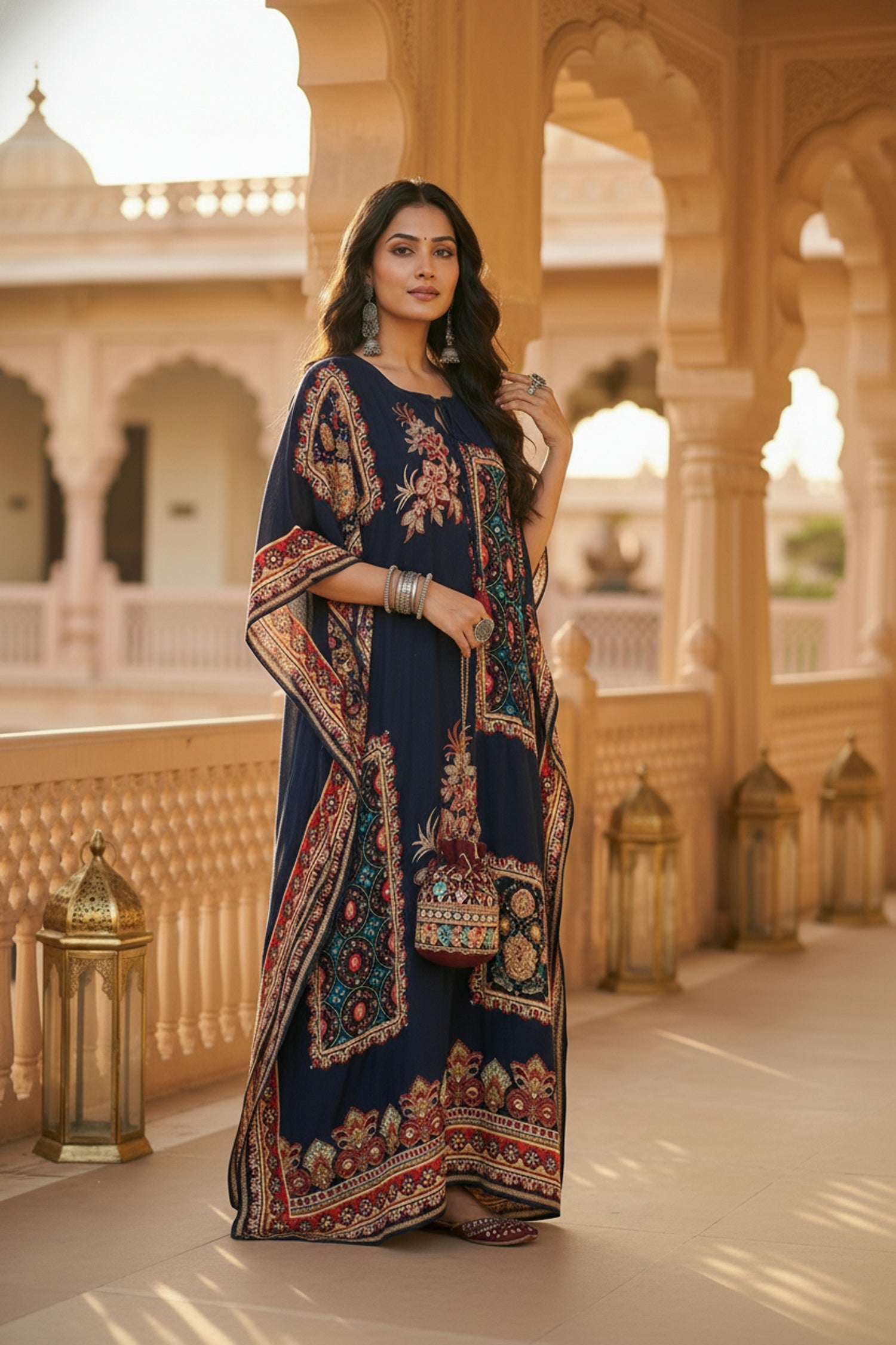 Long Navy Blue Kaftan with Digital Print