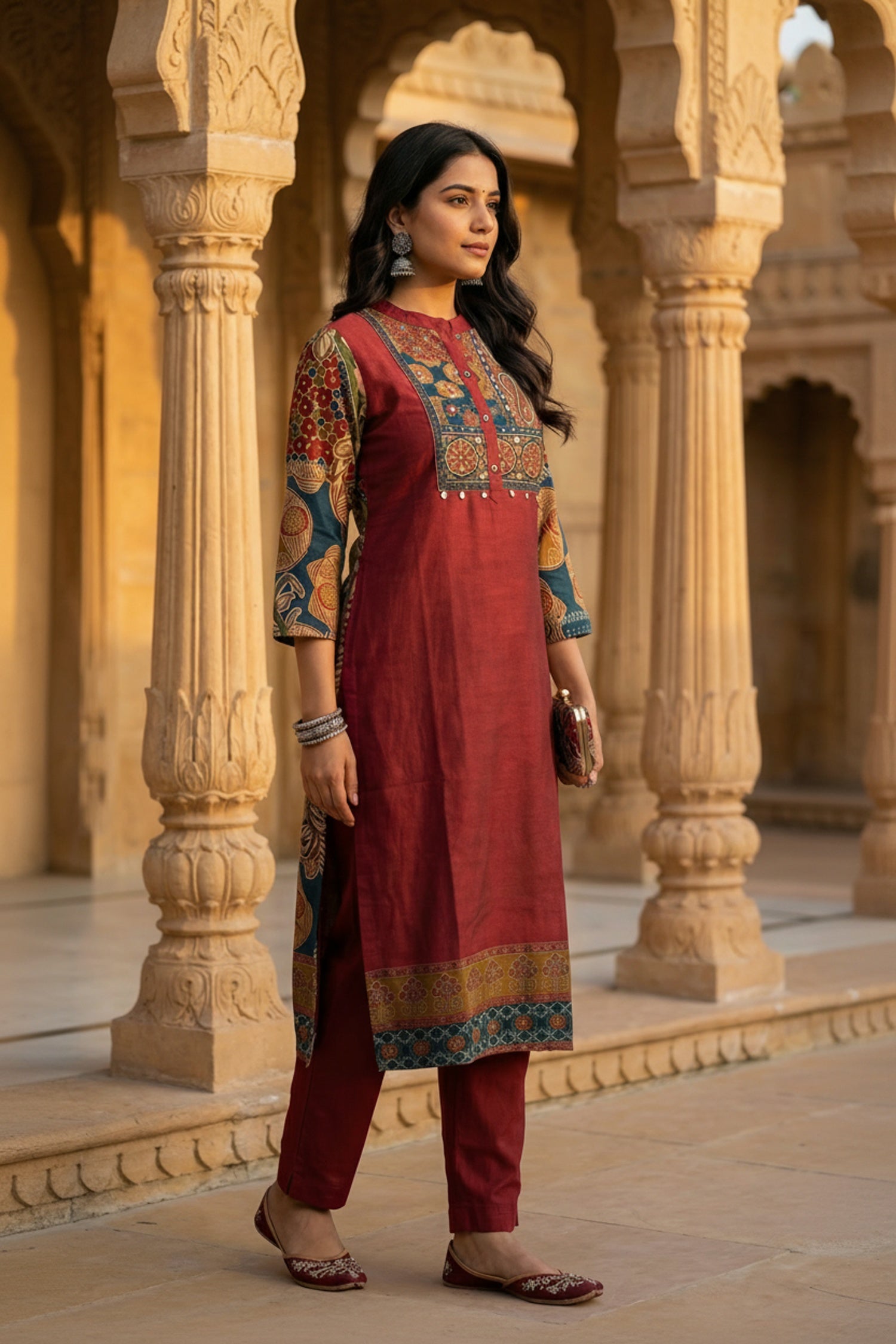 Maroon Co-ord Set with Printed Neck and Detailed Sleeves