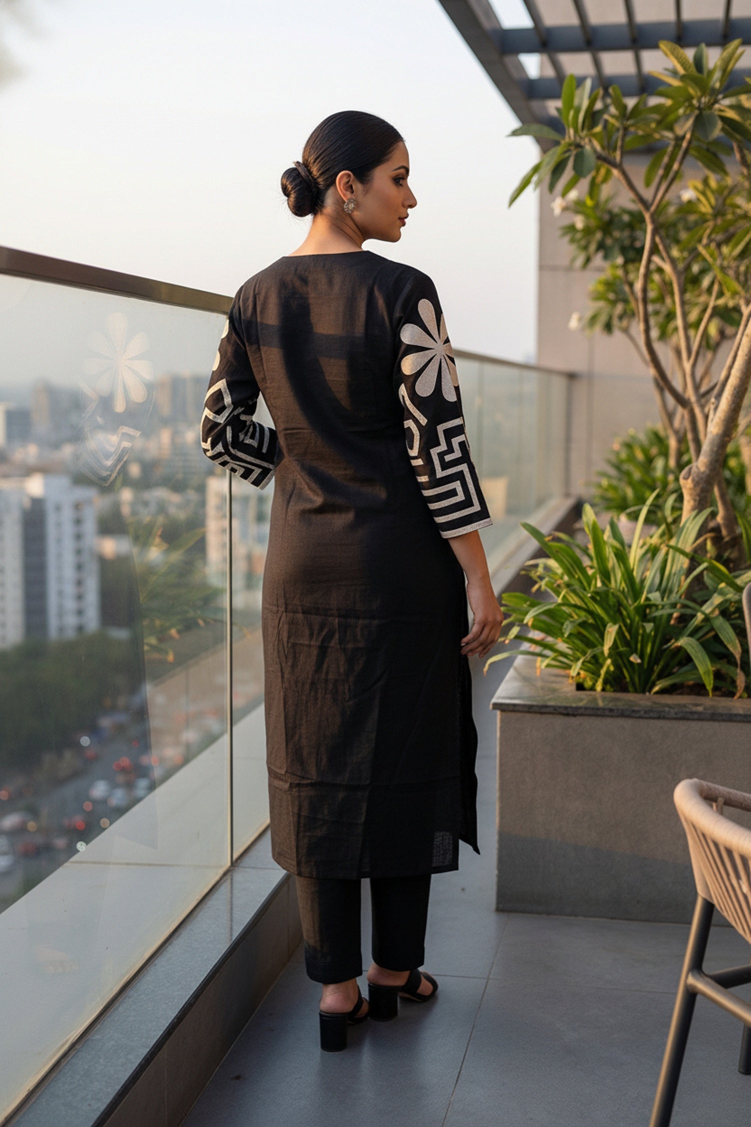 Black Elegance Cotton Cord Set with Embroidered Sleeves