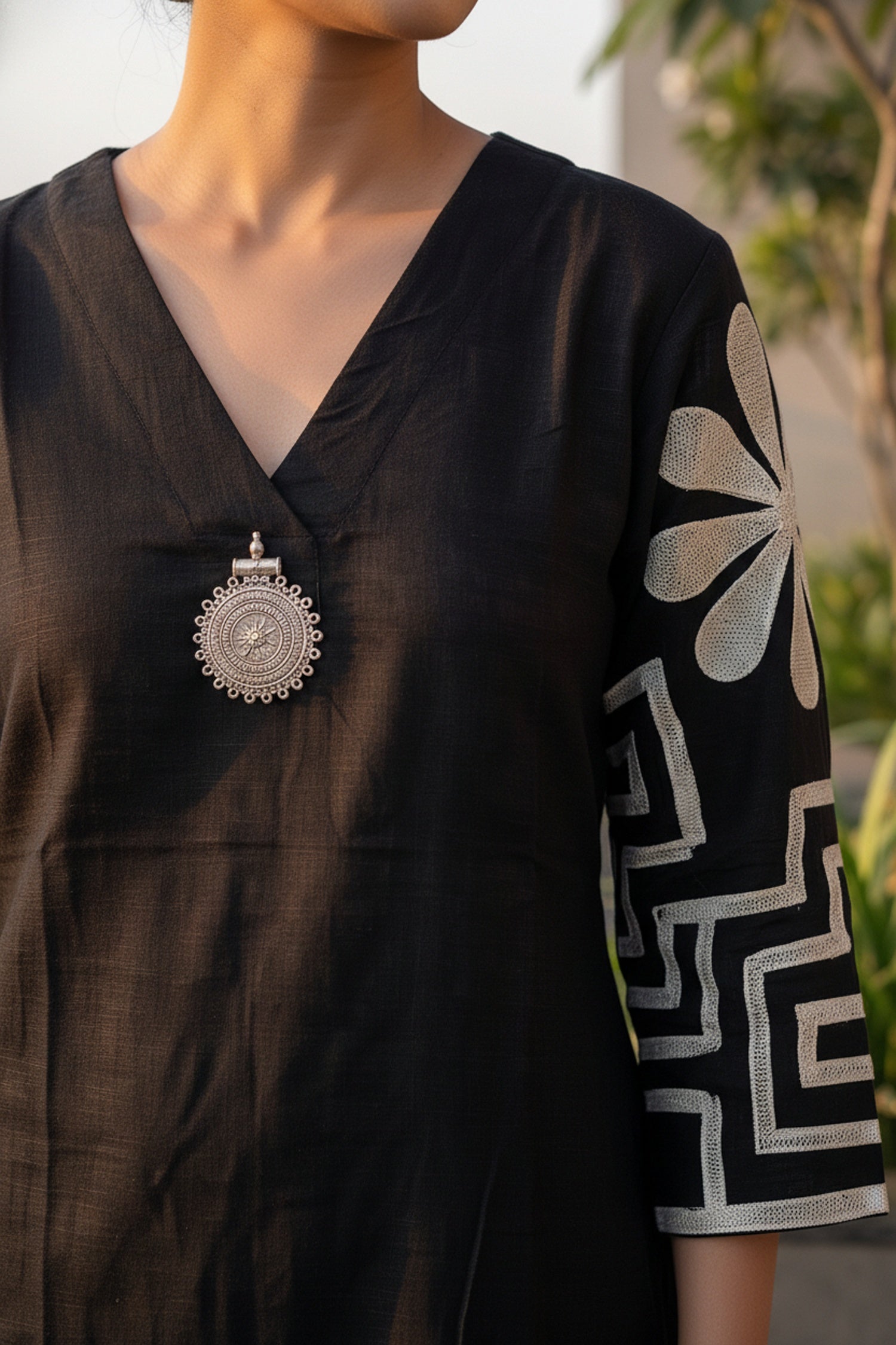 Black Elegance Cotton Cord Set with Embroidered Sleeves