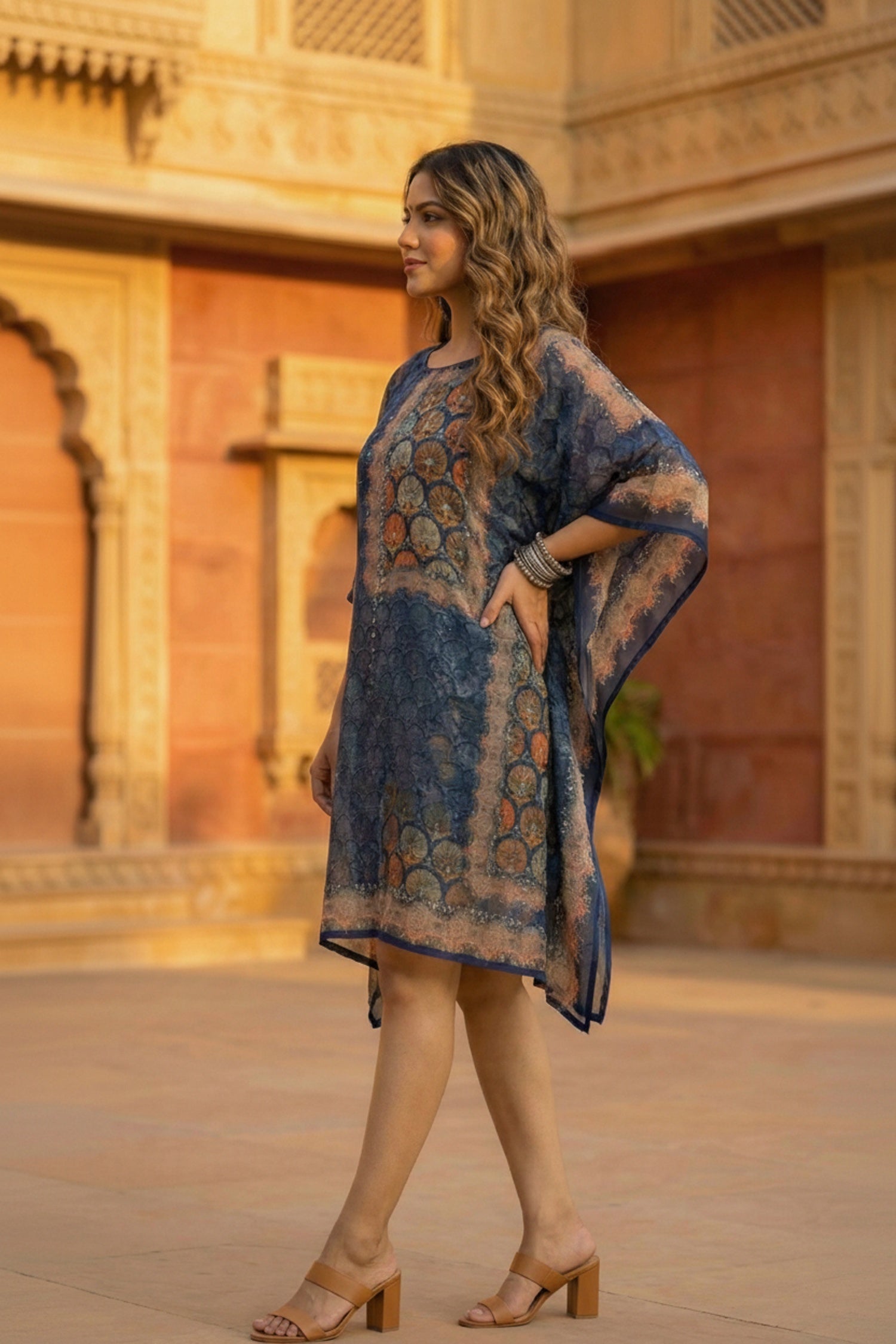 Navy Blue Printed Viscose Short Kaftan