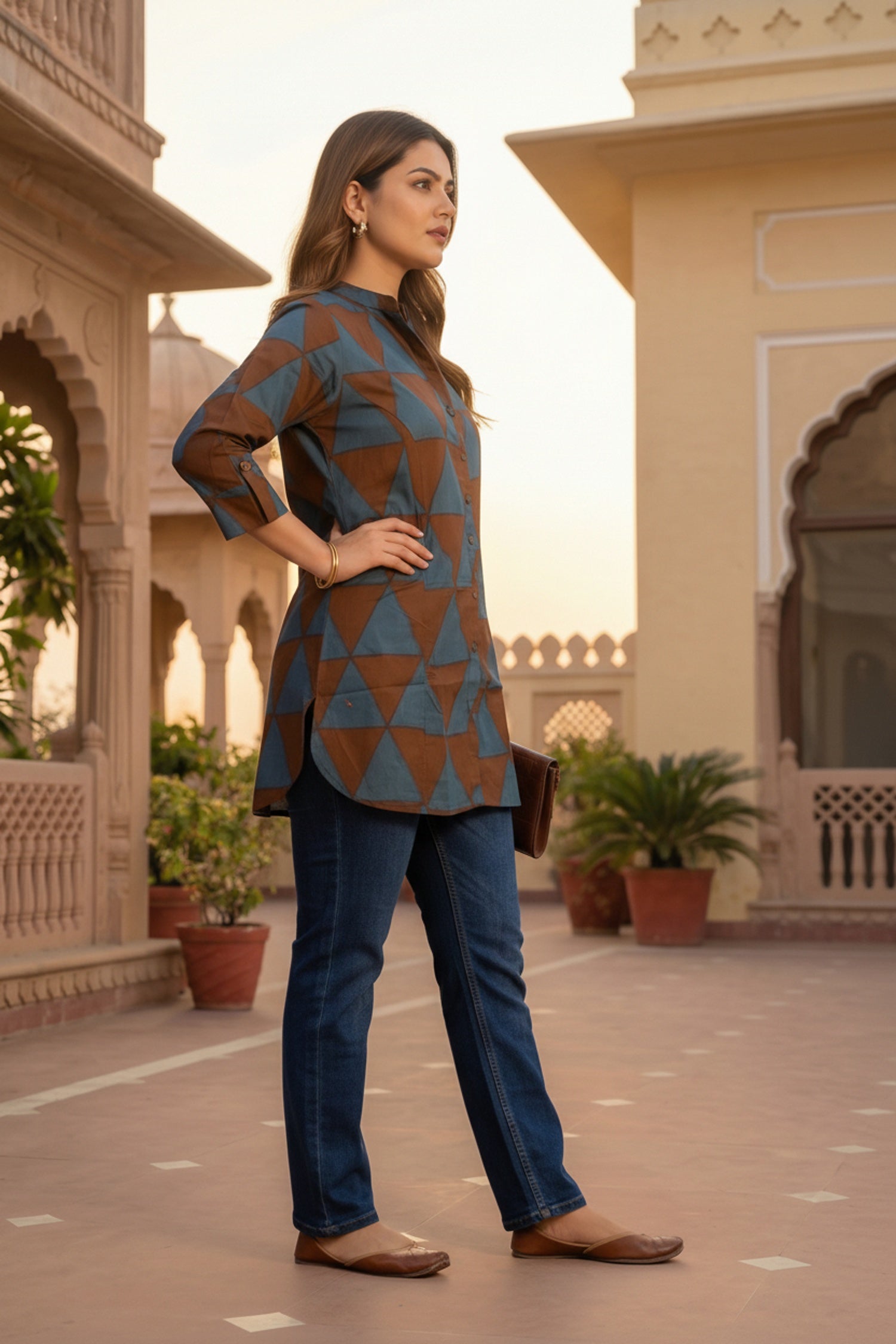 Brown Cotton Top with Geometric Design