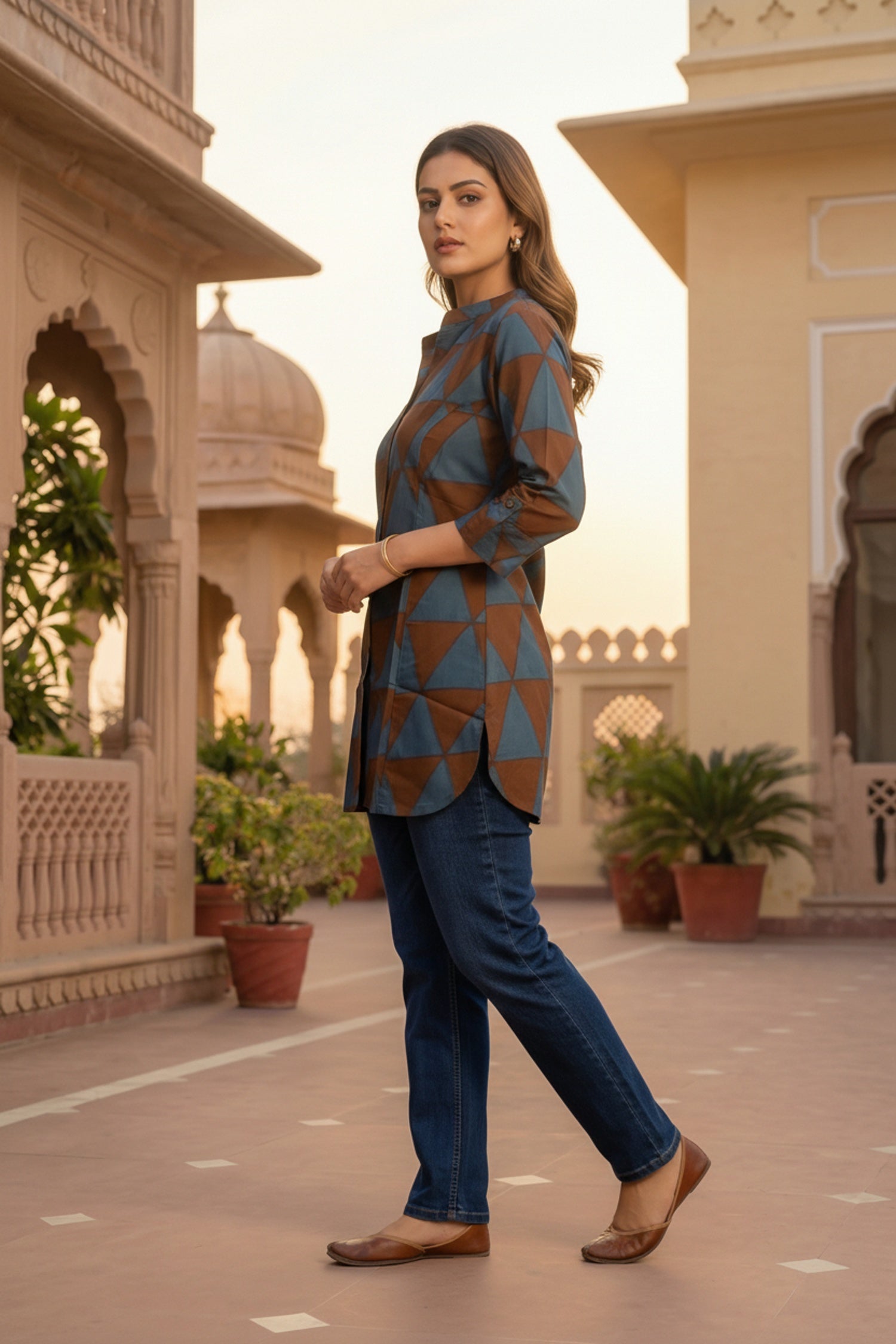 Brown Cotton Top with Geometric Design