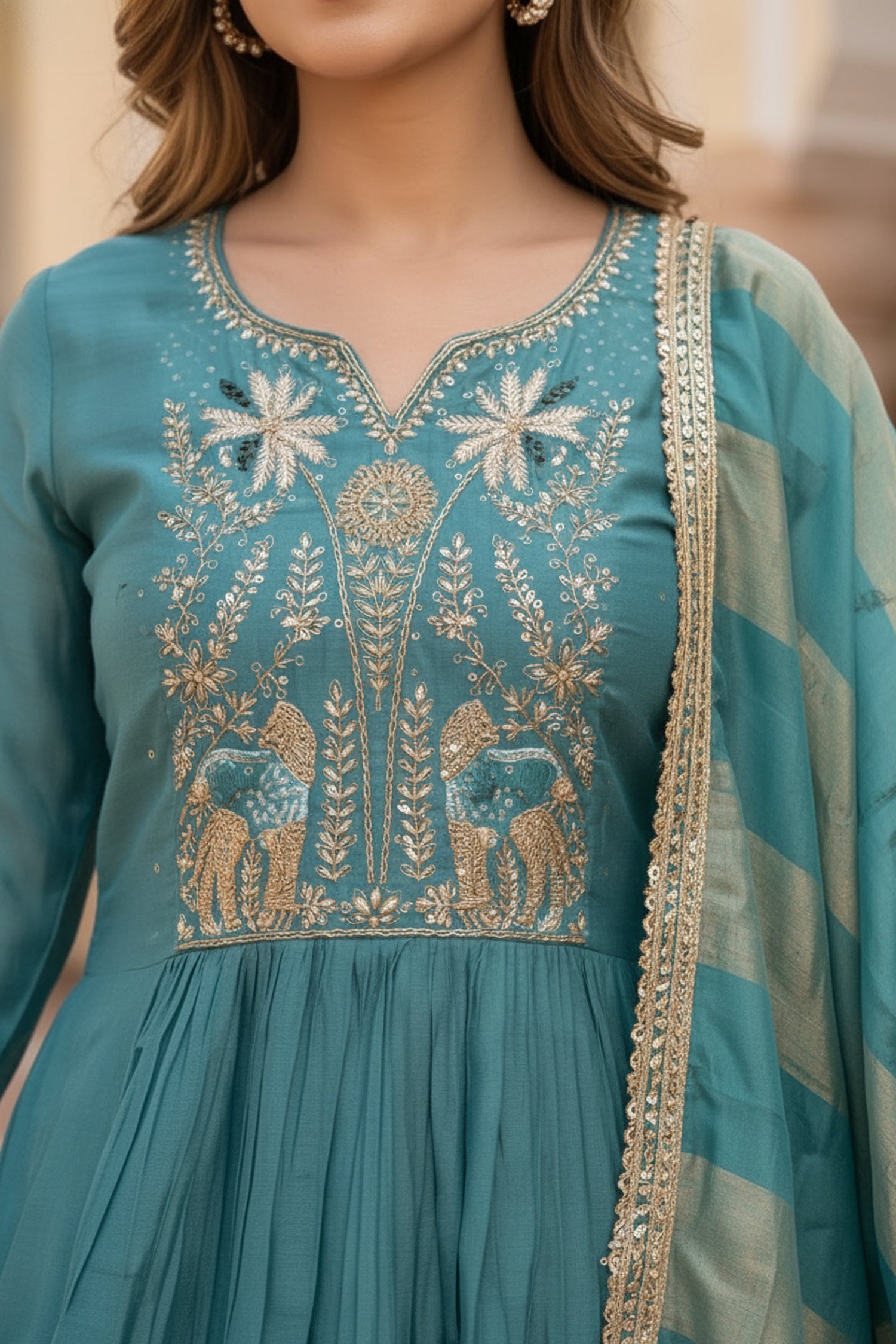 Blue Three-Piece Anarkali Set in Cotton with Thread Embroidery