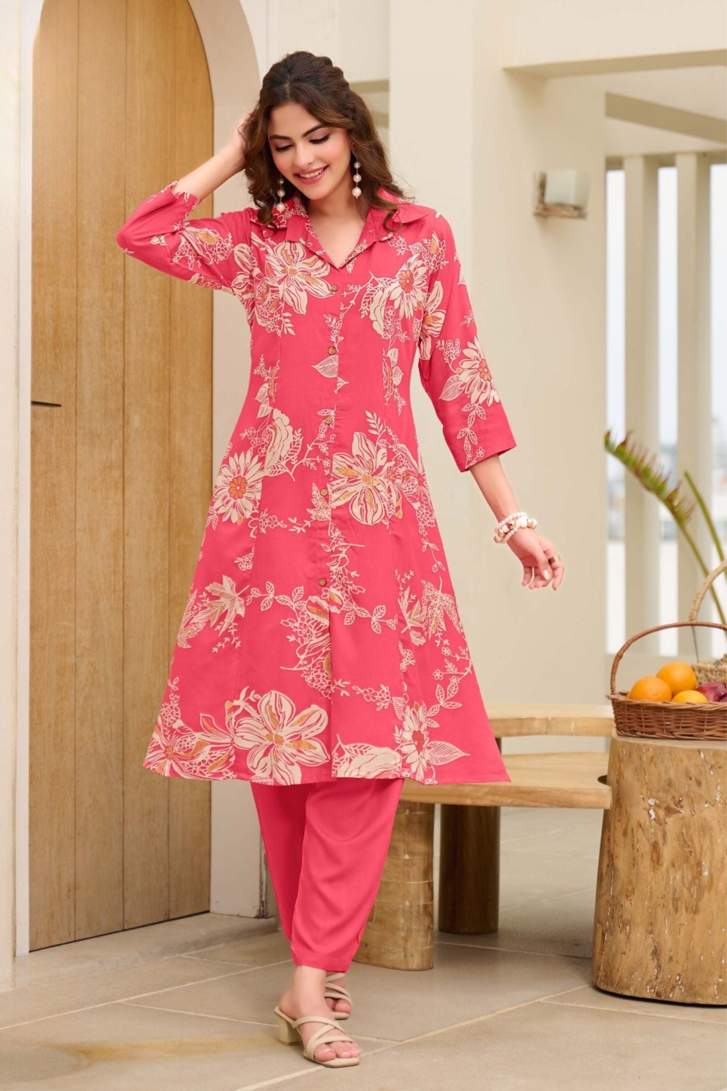 Pink Rayon Floral Print Cord Set for Women