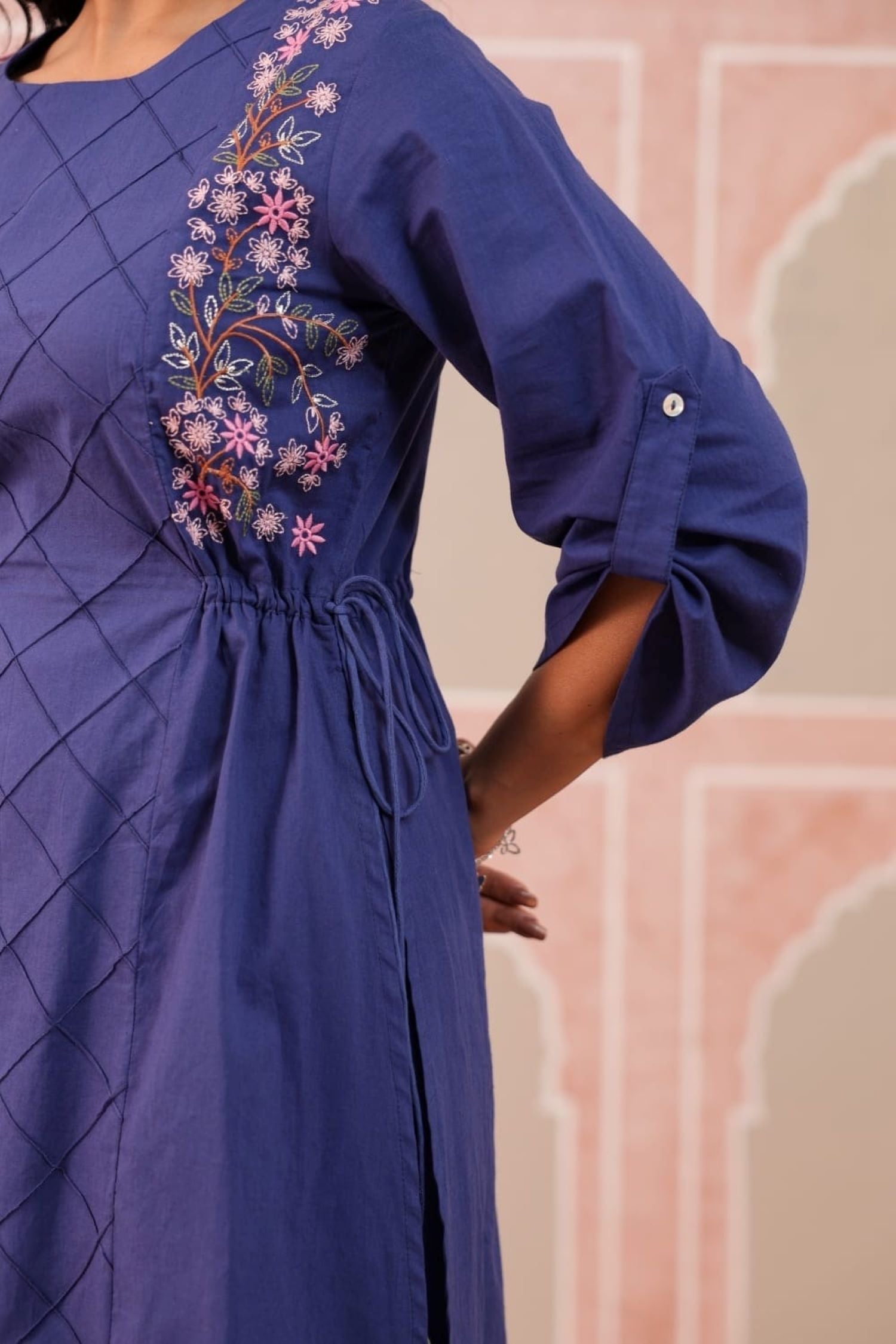Relaxed Cotton Floral Embroidered Blue Cord Set