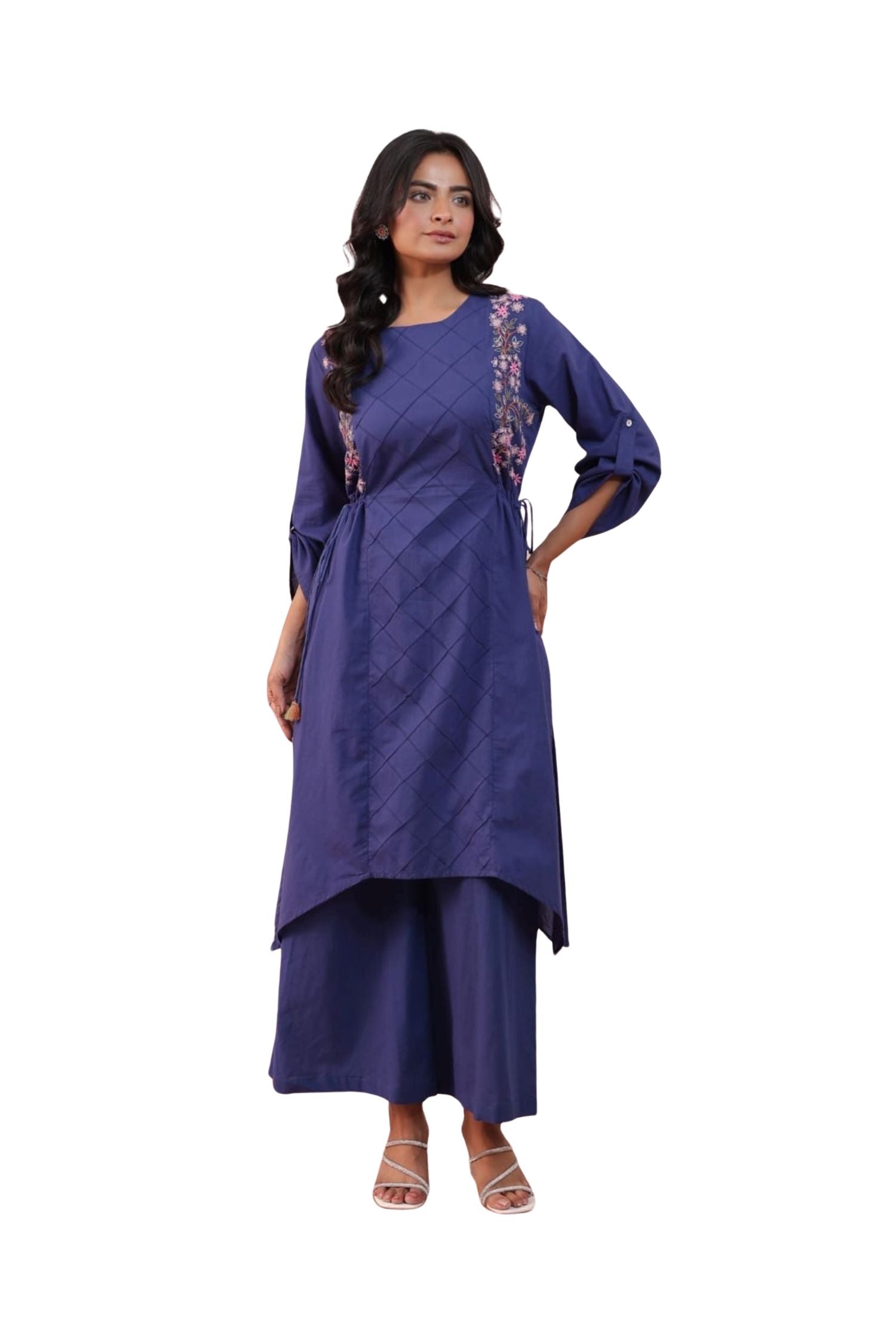 Relaxed Cotton Floral Embroidered Blue Cord Set