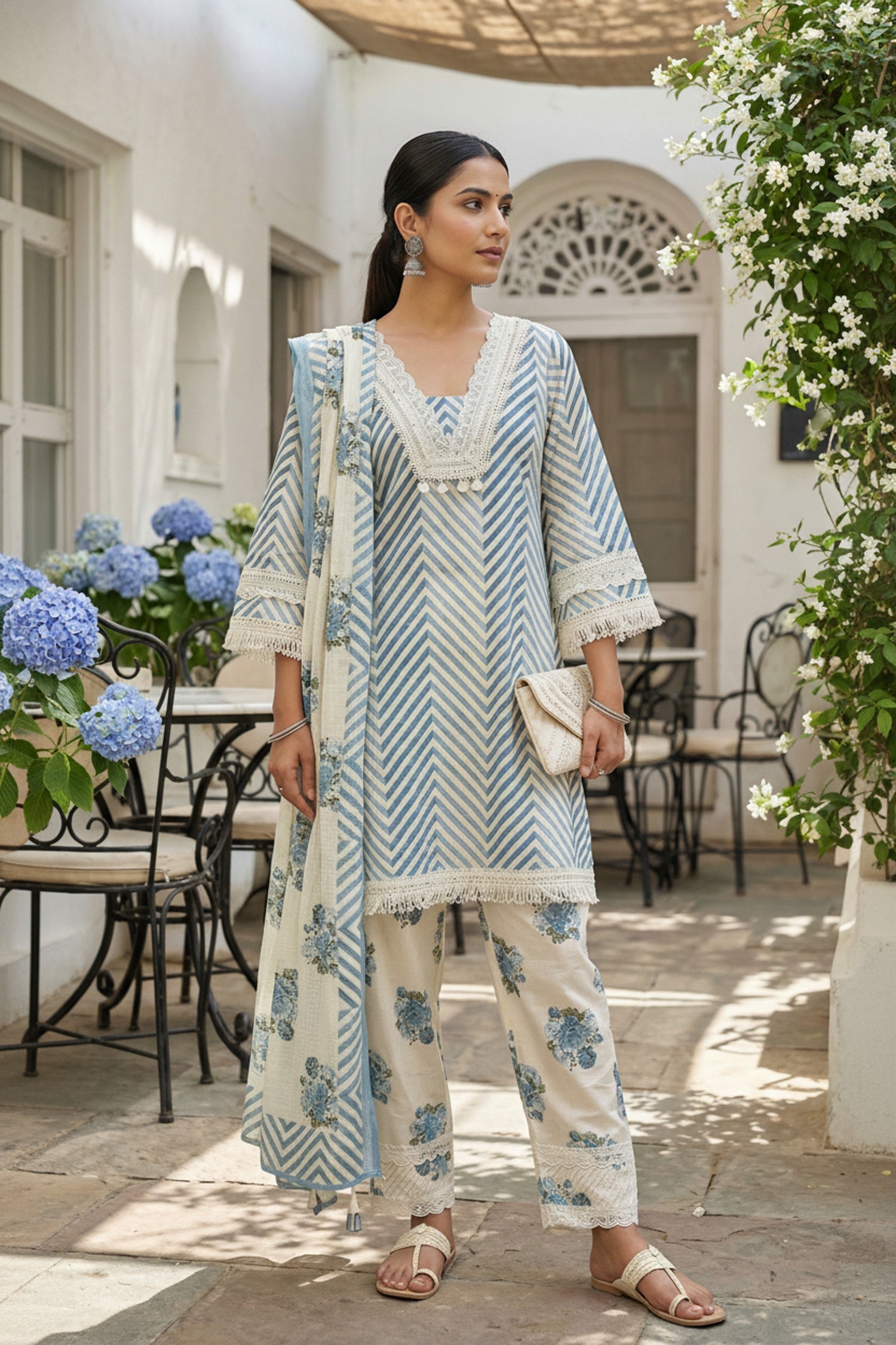 Blue Three-Piece Set with Straight Cut Pattern and Dupatta