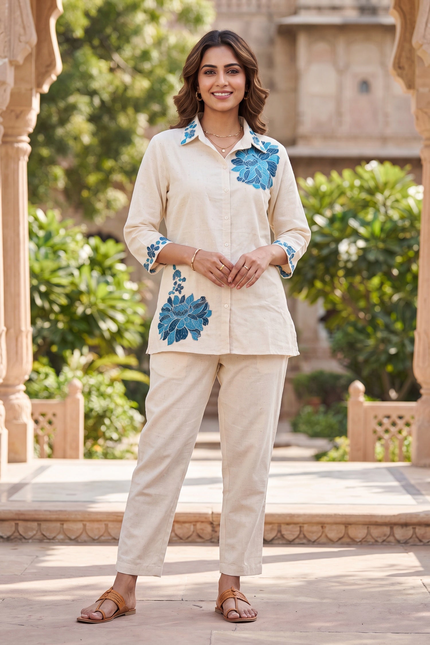 Relaxed Fit Jute Blue Floral Embroidered Cord Set