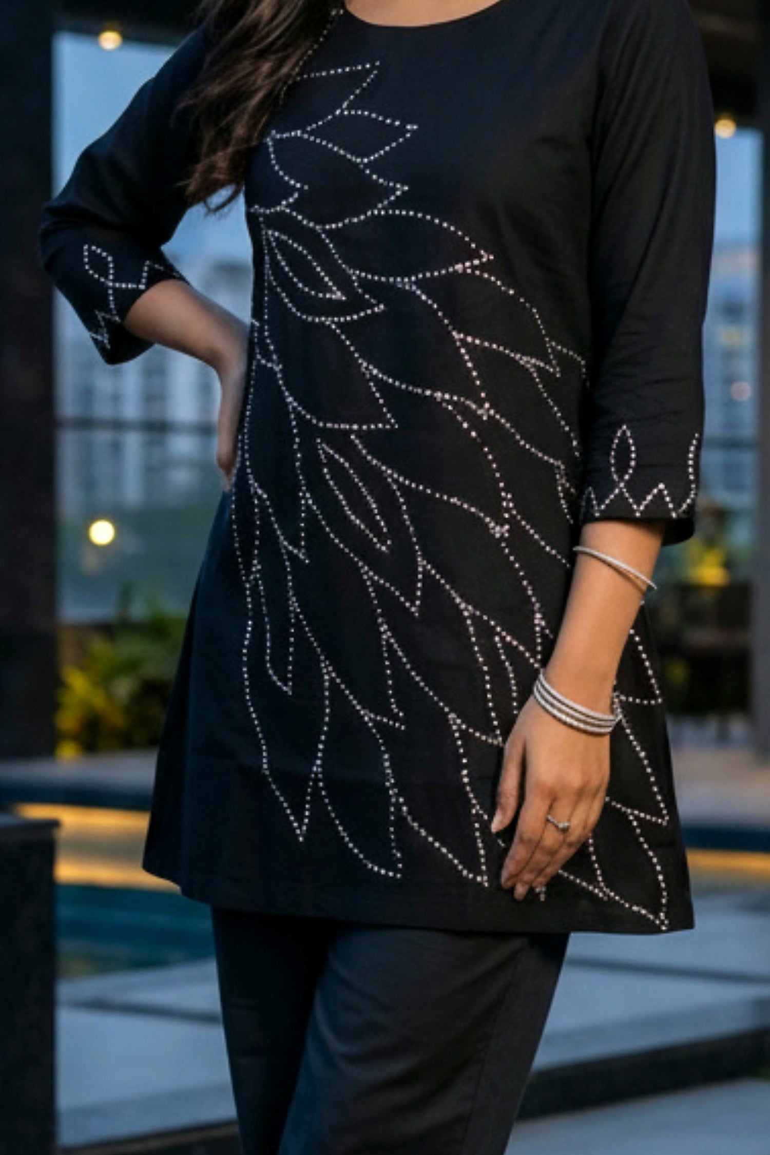 Black Leaf Embroidered Co-ord with Solid Pants