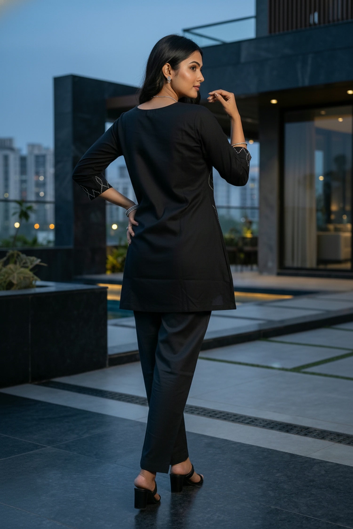 Black Leaf Embroidered Co-ord with Solid Pants