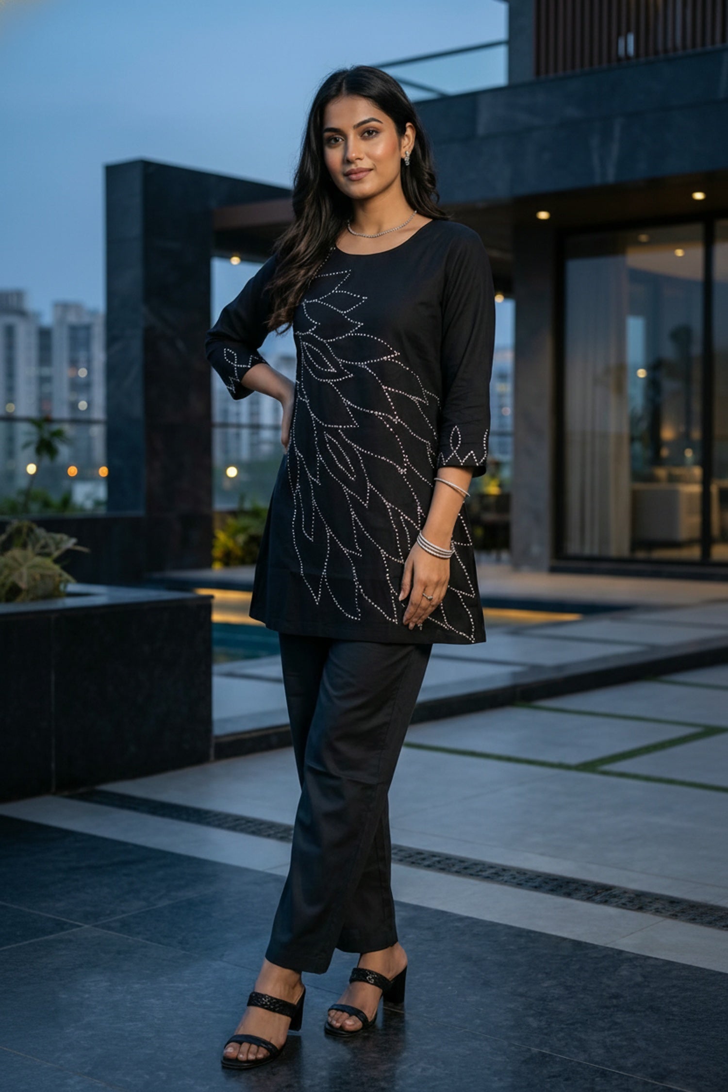 Black Leaf Embroidered Co-ord with Solid Pants