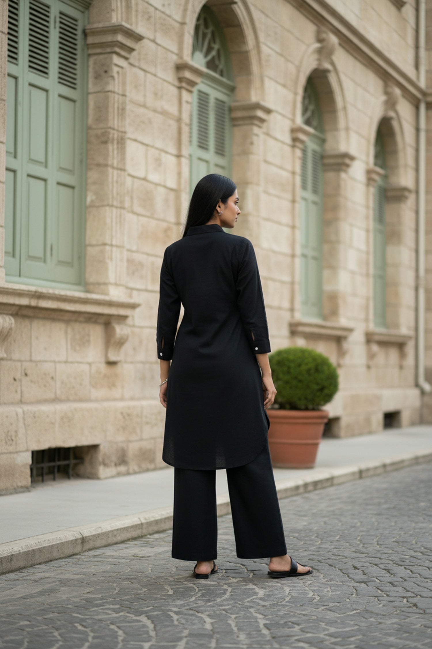 Black Cord Set with Printed Shirt-Style Top and Matching Pants