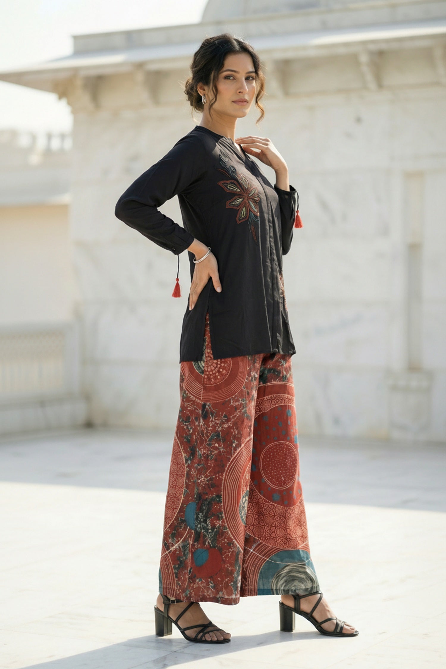 Classic Black Shirt Co-ord Set with Printed Pants