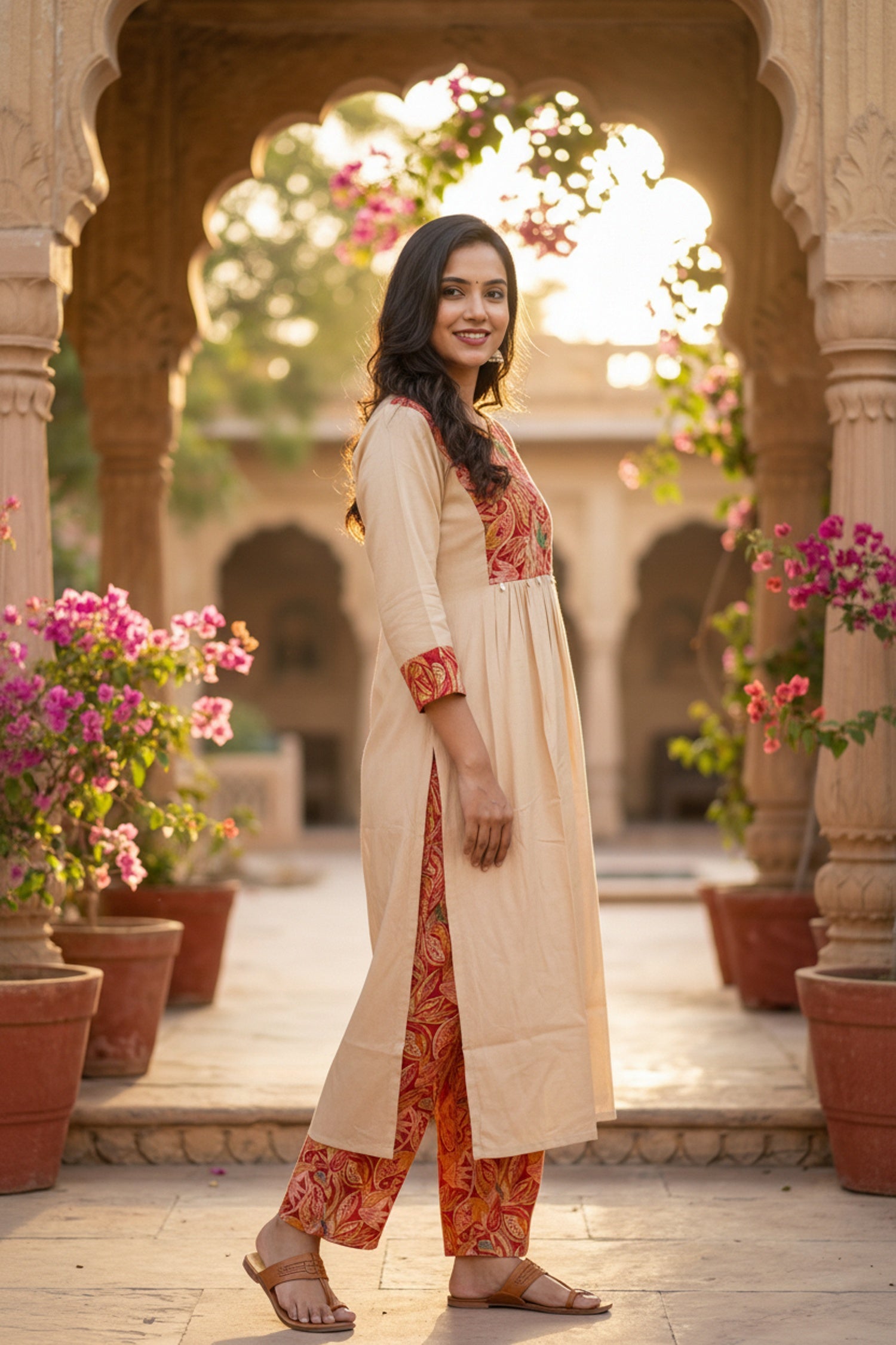 Beige Printed Cotton Co-ord Set