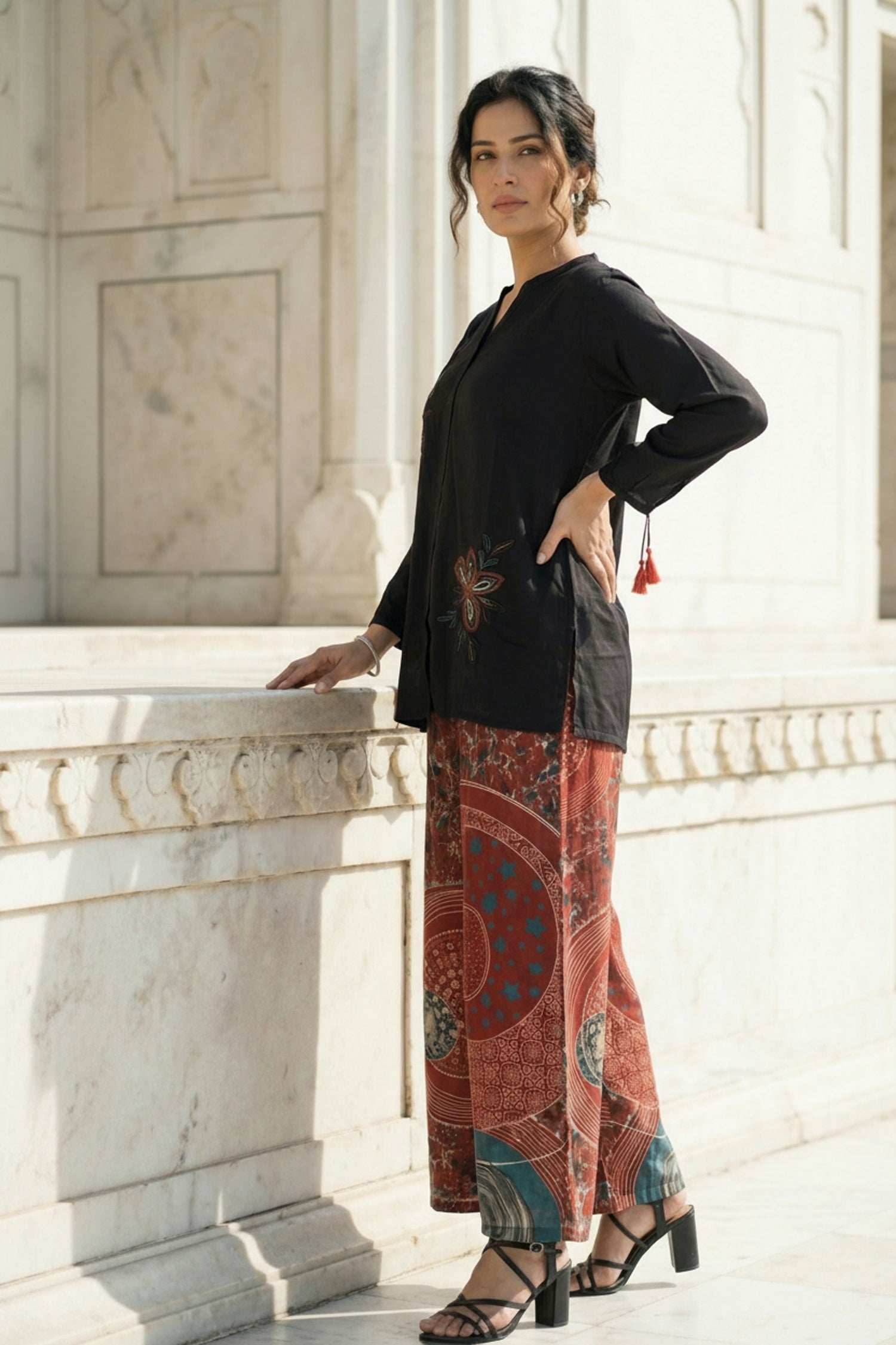 Classic Black Shirt Co-ord Set with Printed Pants